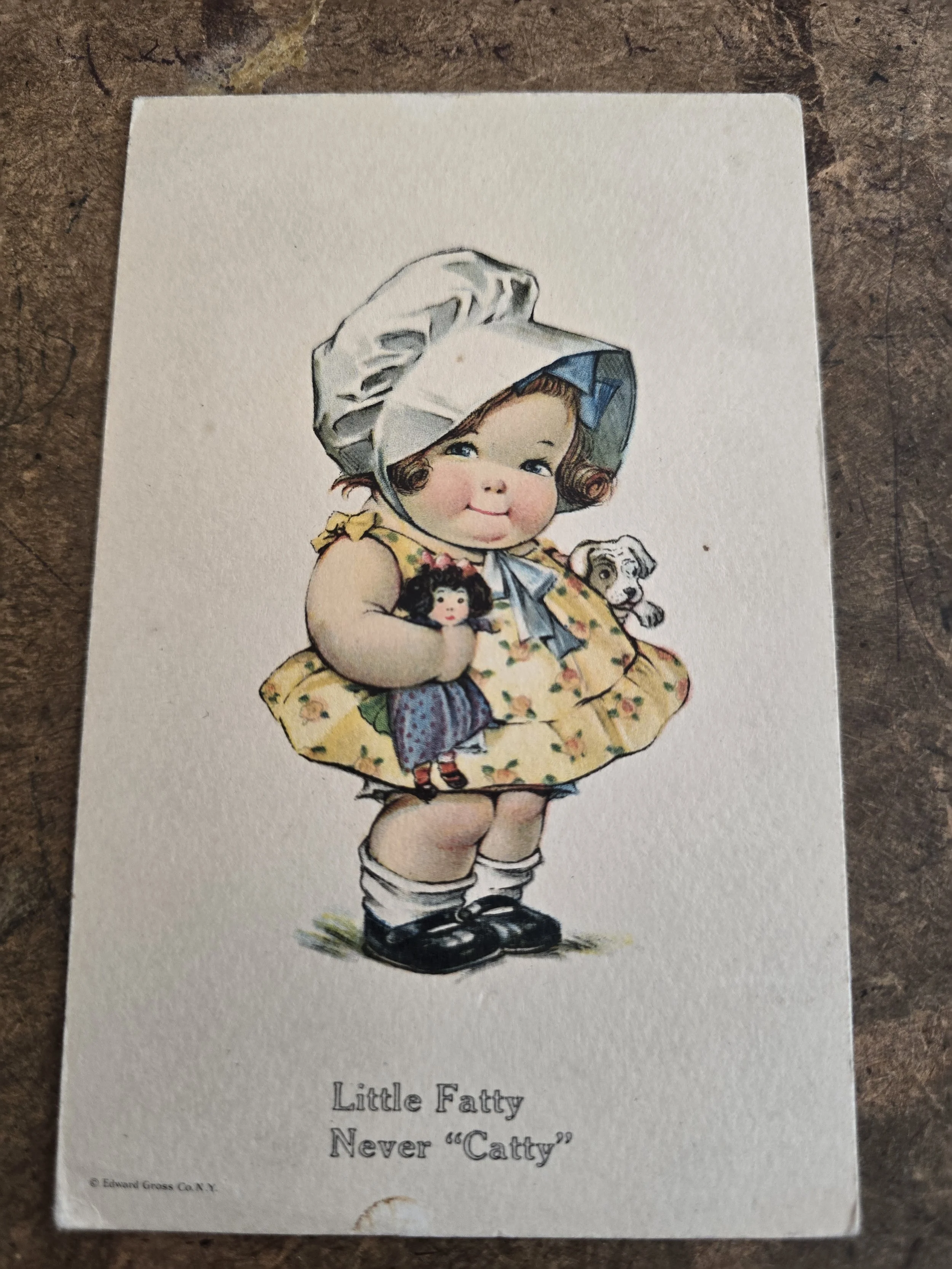 Vintage Smile Messengers postcard featuring child with doll and puppy illustration