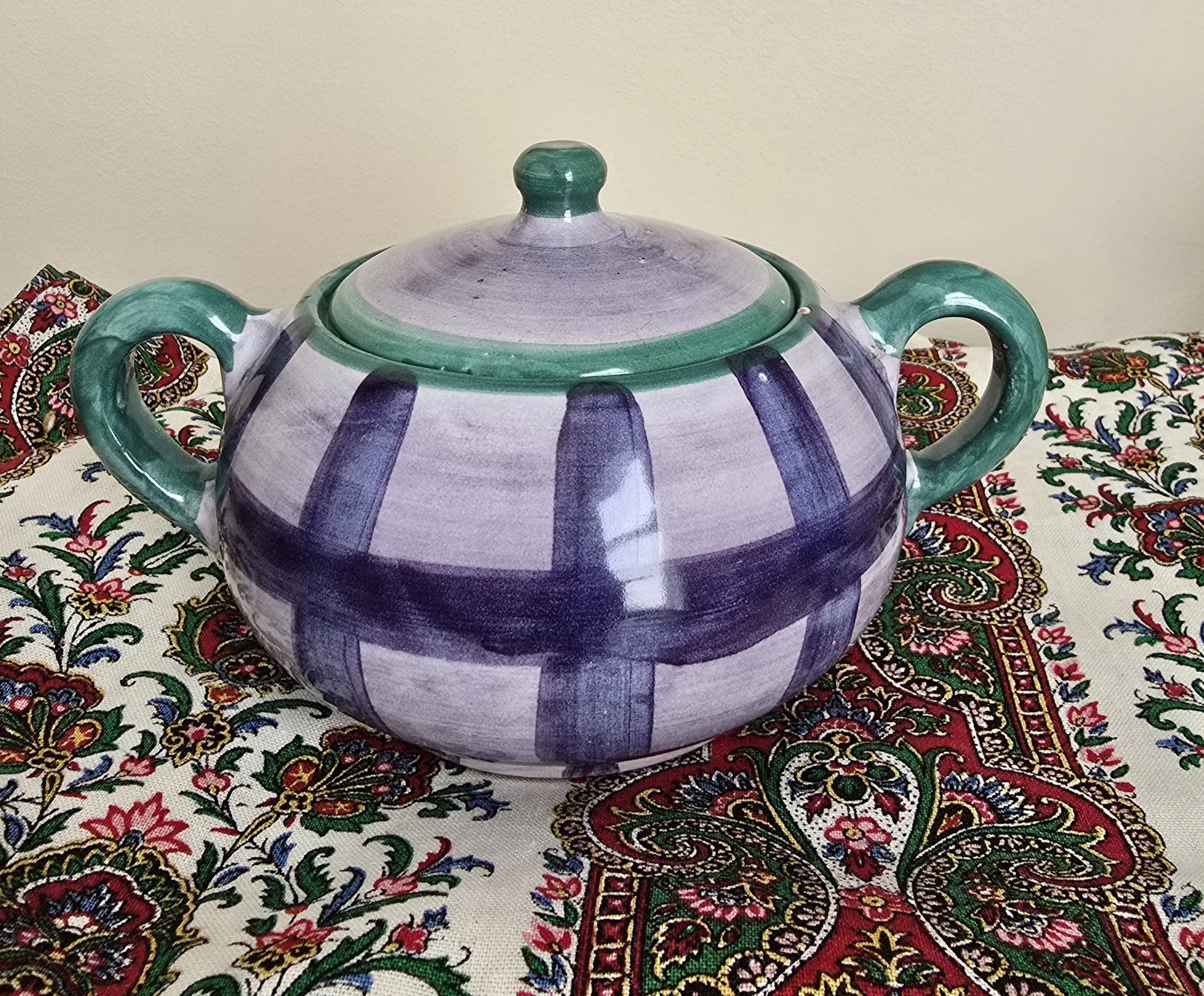 Vintage Italian ceramic sugar bowl with lid off showing lavender glaze and bold stripes