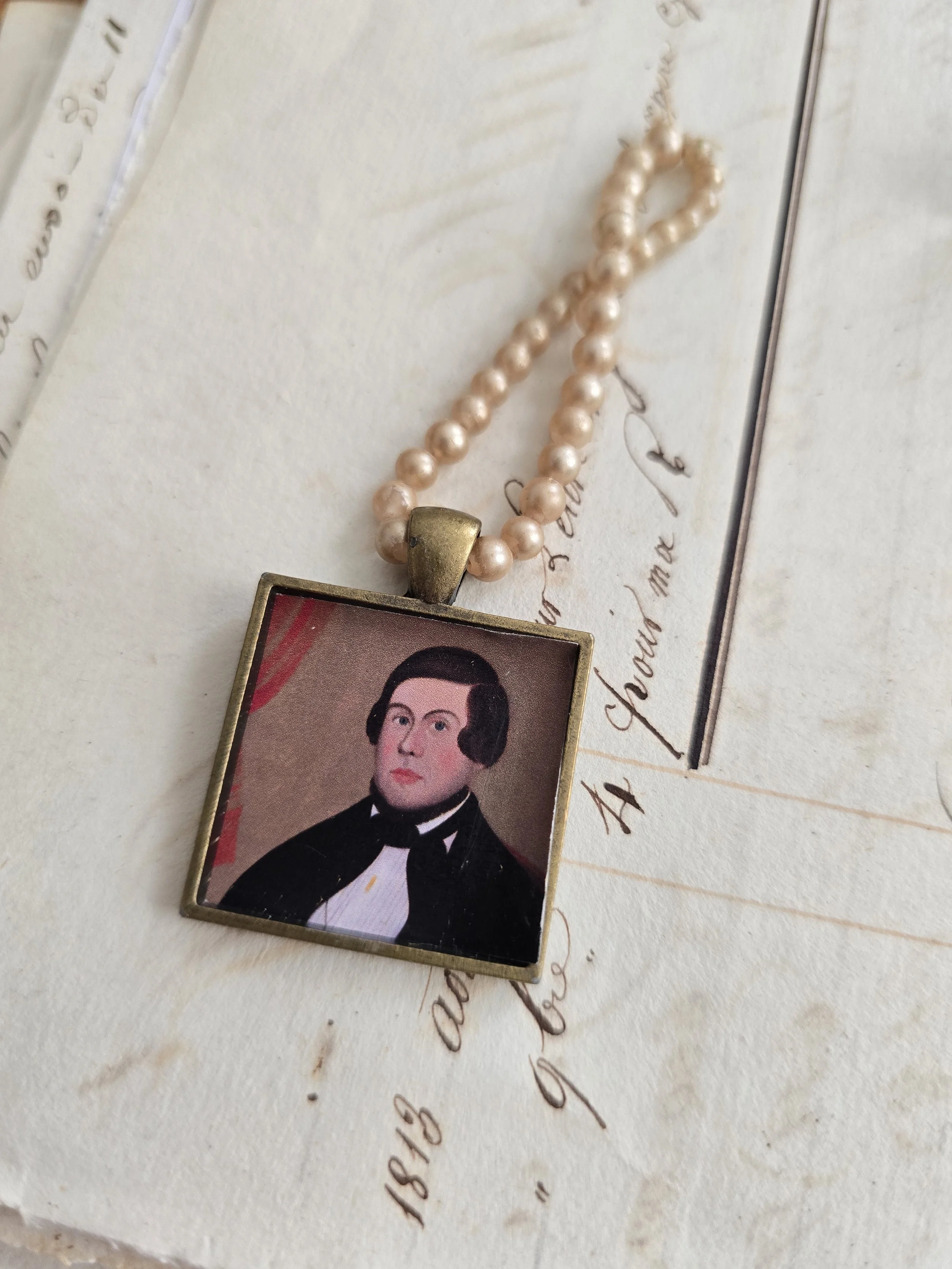 Studio Made miniature portrait pendant with vintage glass pearls.