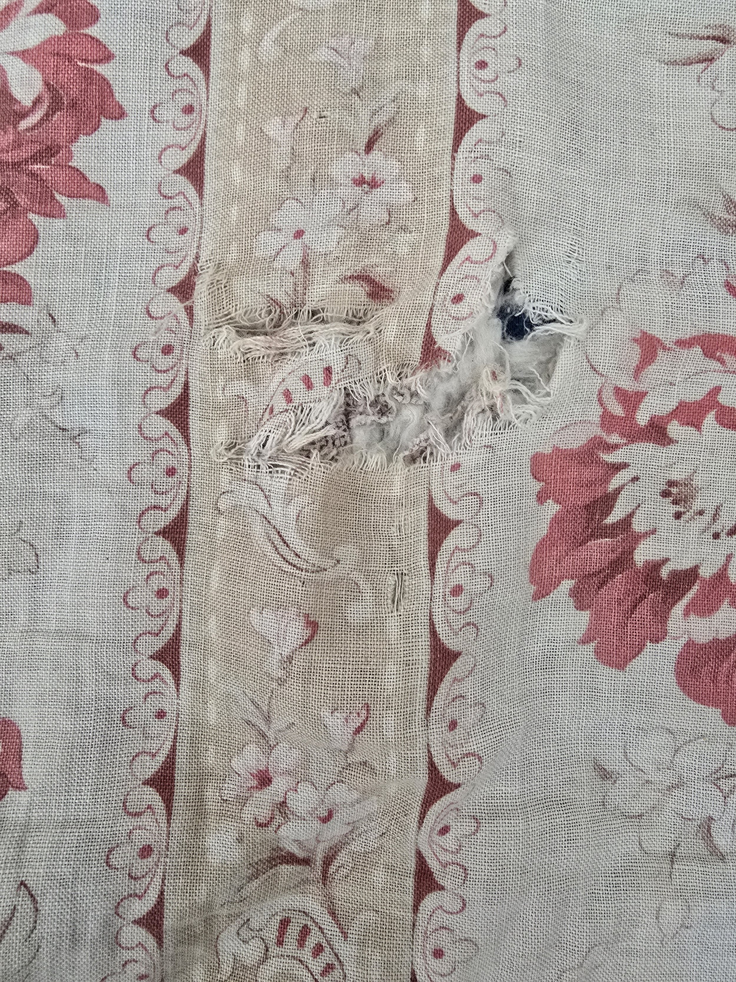 French-style antique floral fabric fragment with wear