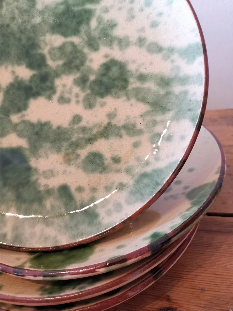 Set of 6 olive green jaspé glazed French pottery plates from Provence