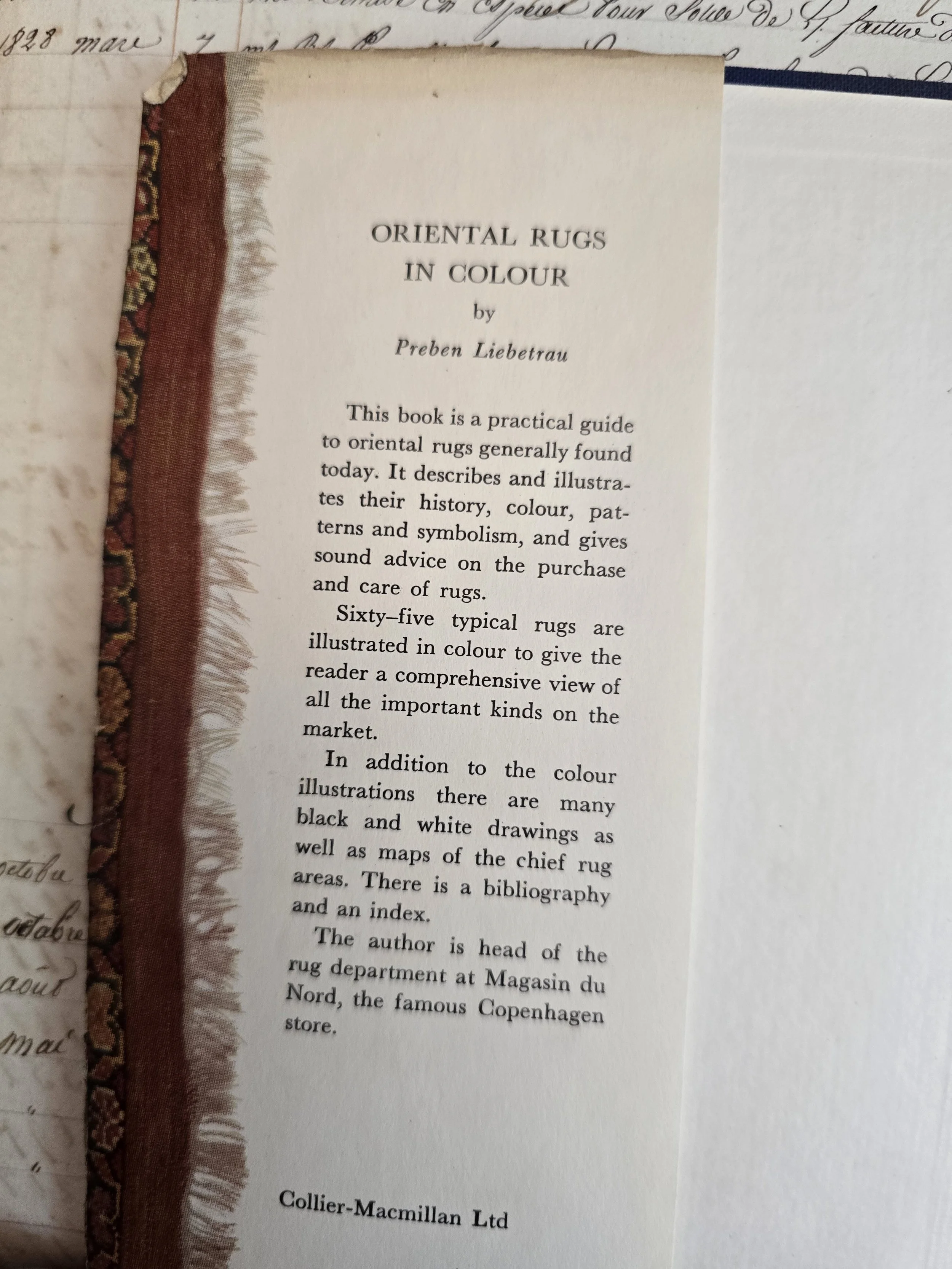 Interior page from Oriental Rugs in Colour showing publisher and book details.