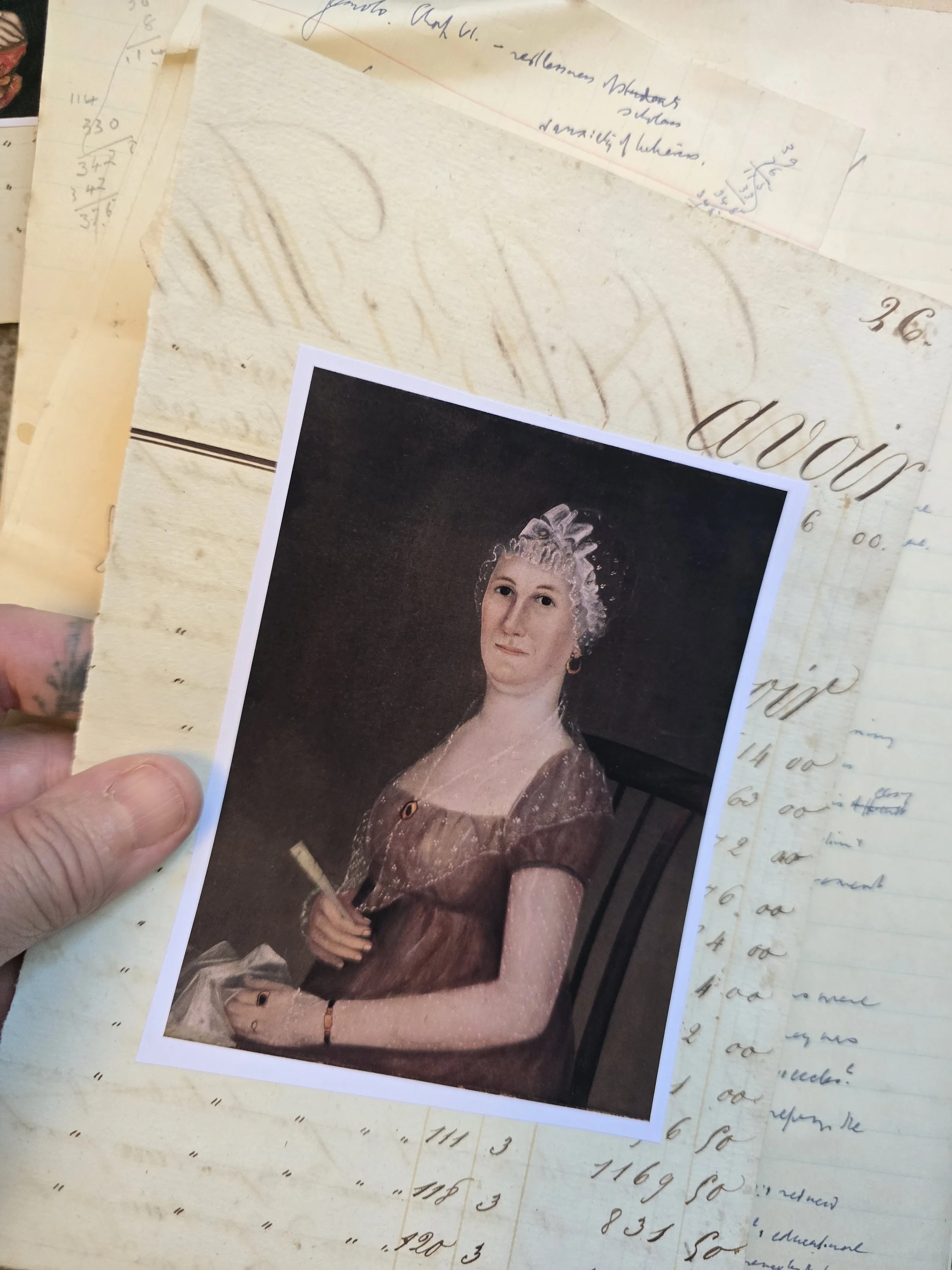 Unframed studio-made paper artwork measuring 14 x 21 cm, combining a reproduced old portrait with an original 1829 ledger page.