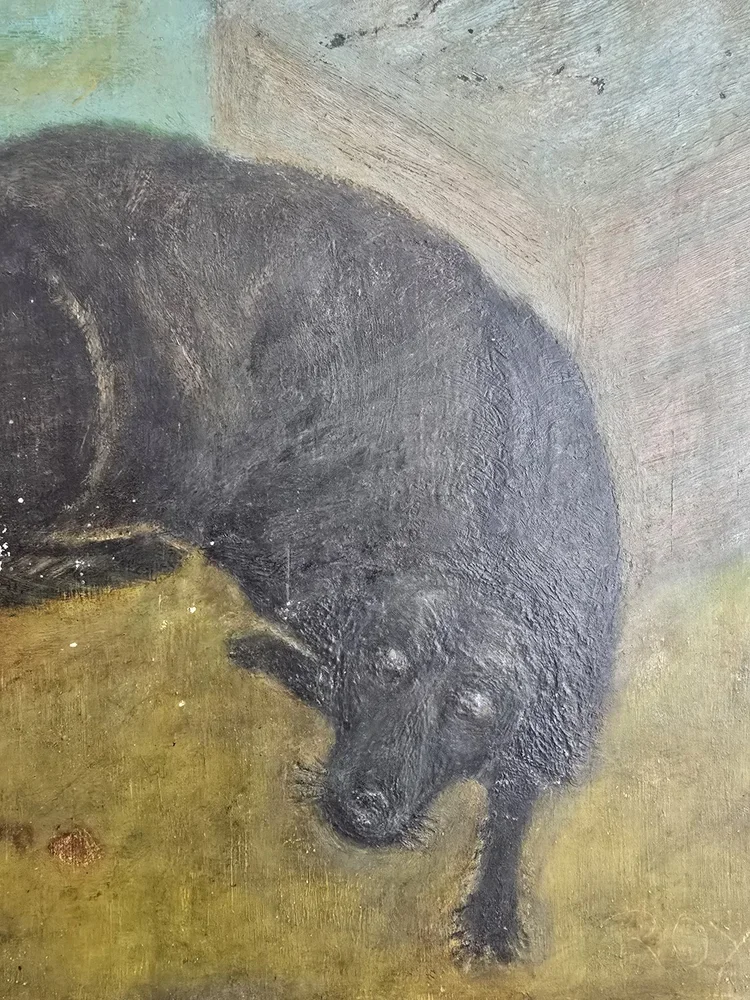 Full view of vintage oil painting depicting a black dog lying down, with textured brushwork