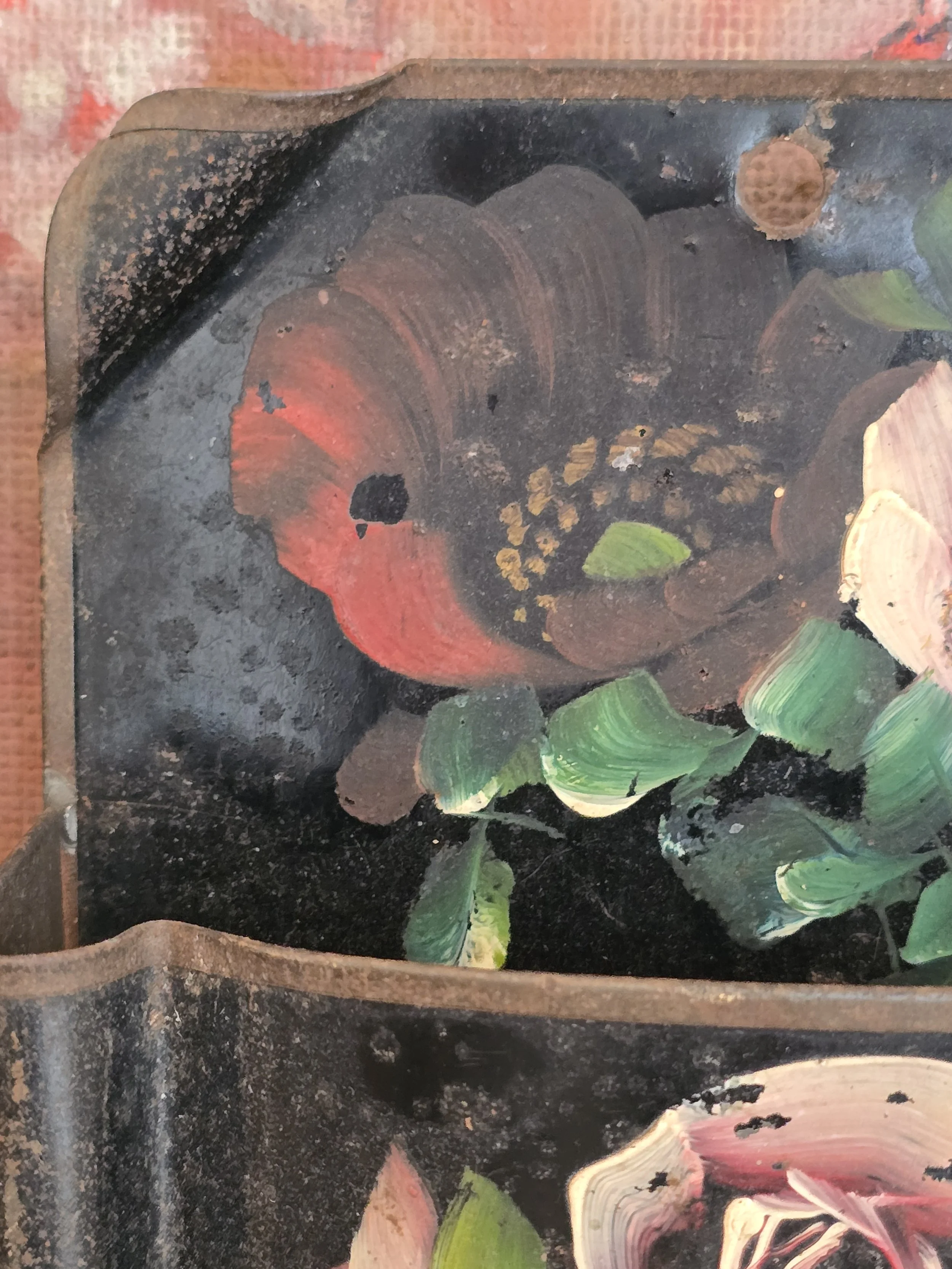Antique style painted metal letter holder featuring hand painted roses and rustic patina.