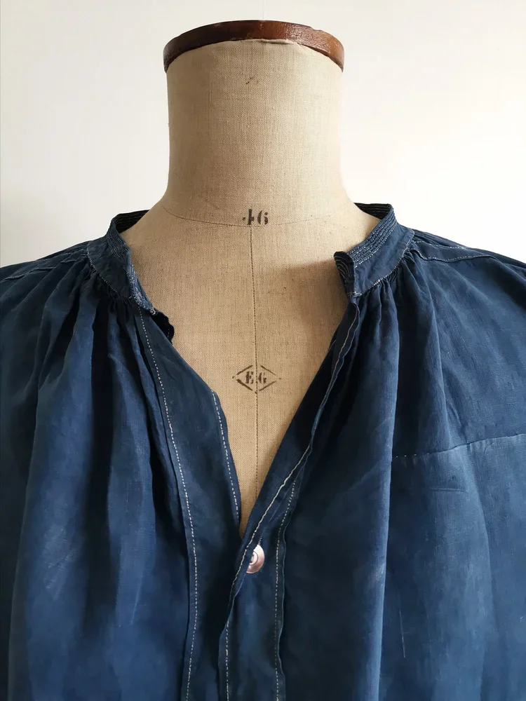 Antique French indigo linen biaude smock front view, c.1880s.