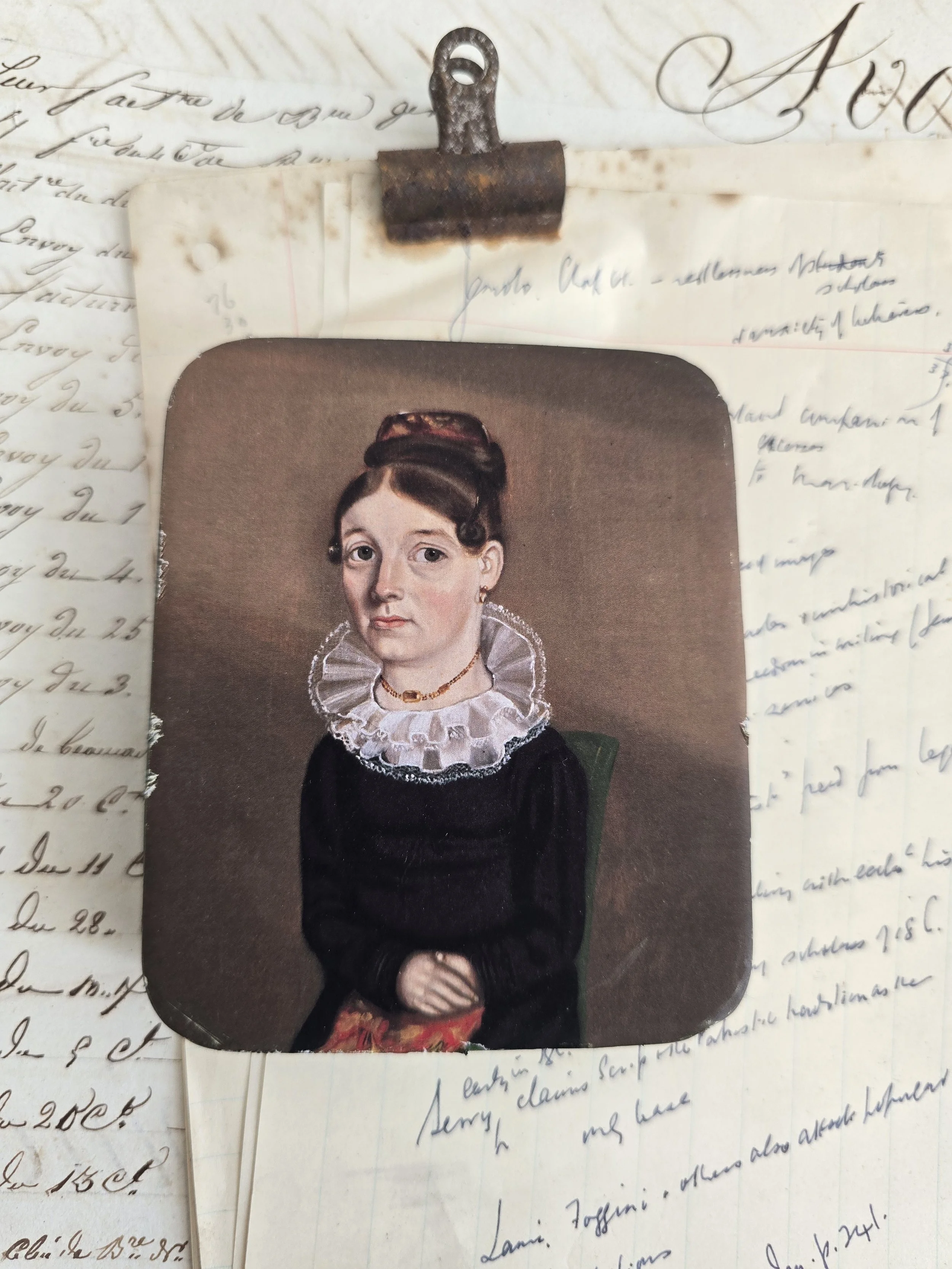 Studio made keepsake tin featuring an antique American folk portrait of a seated woman.