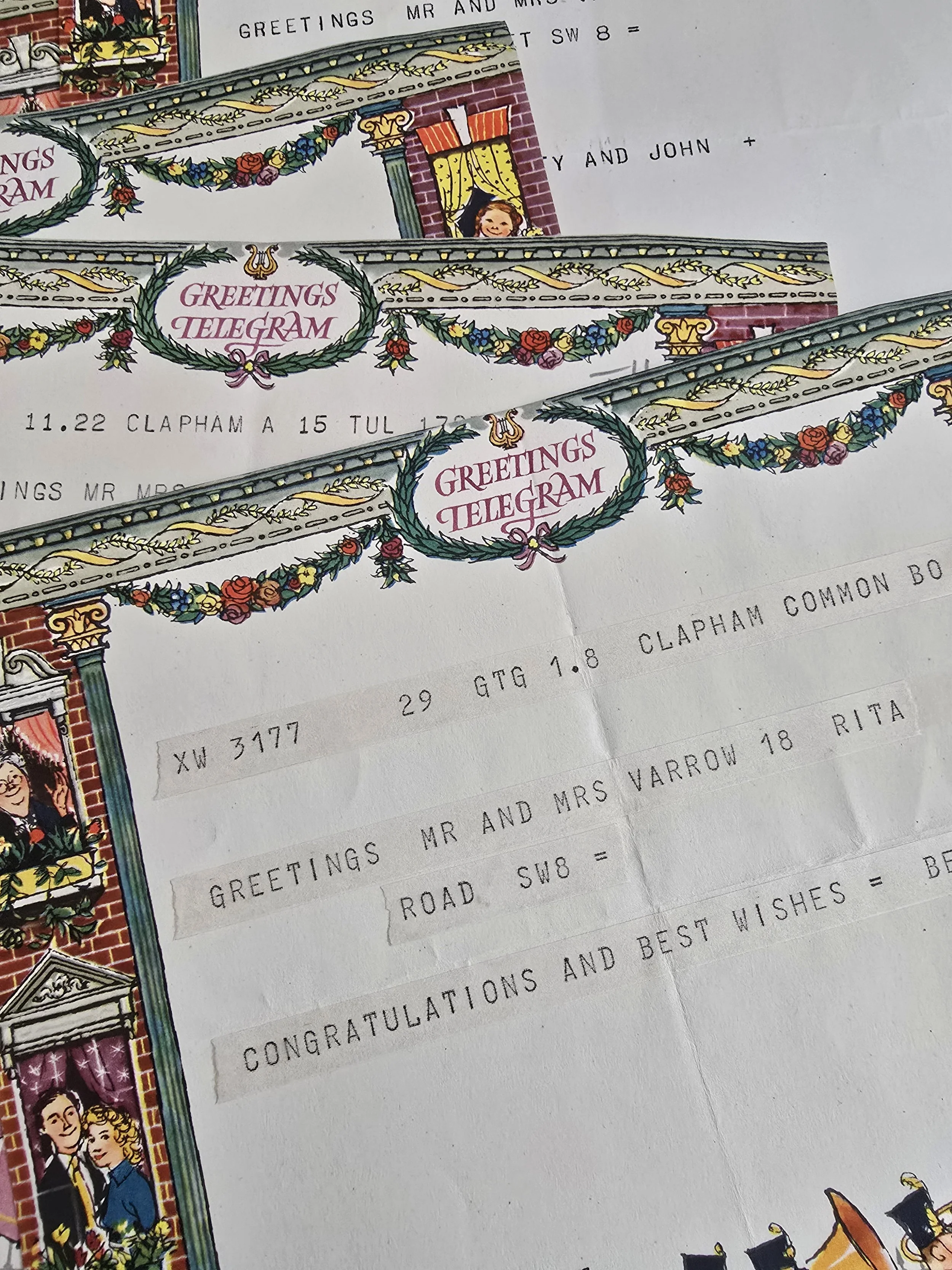 Detail of the illustrated floral and lyre header on a 1958 GPO Greetings Telegram
