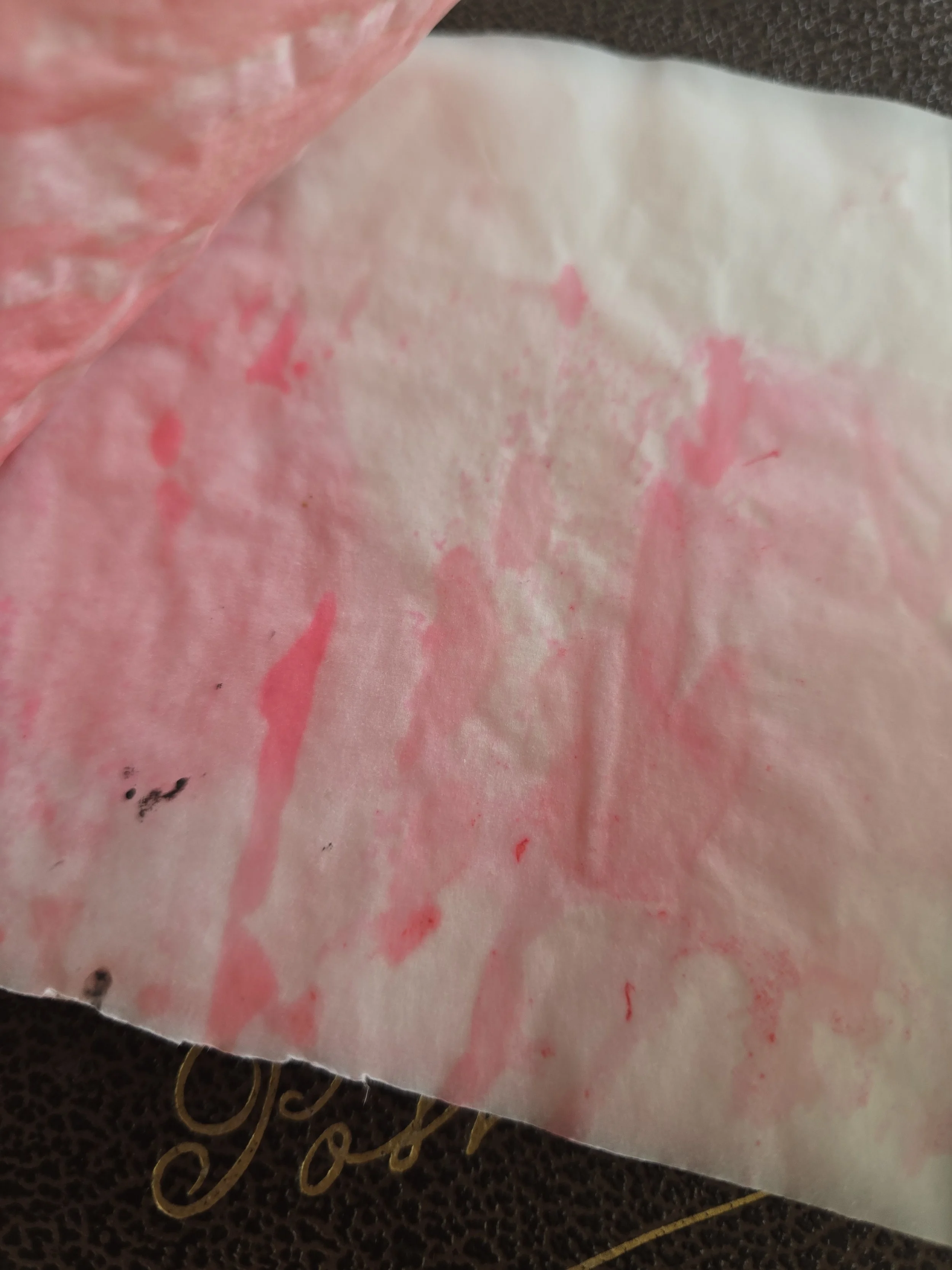 One of a kind paper journal with antique handwritten ledger pages and soft pink hand dyed finish.