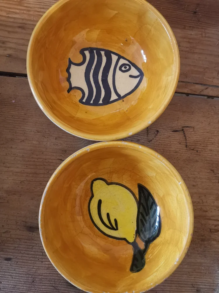 1970s Tunisian Nabeul pottery bowl with lemon and leaf motif, hand painted