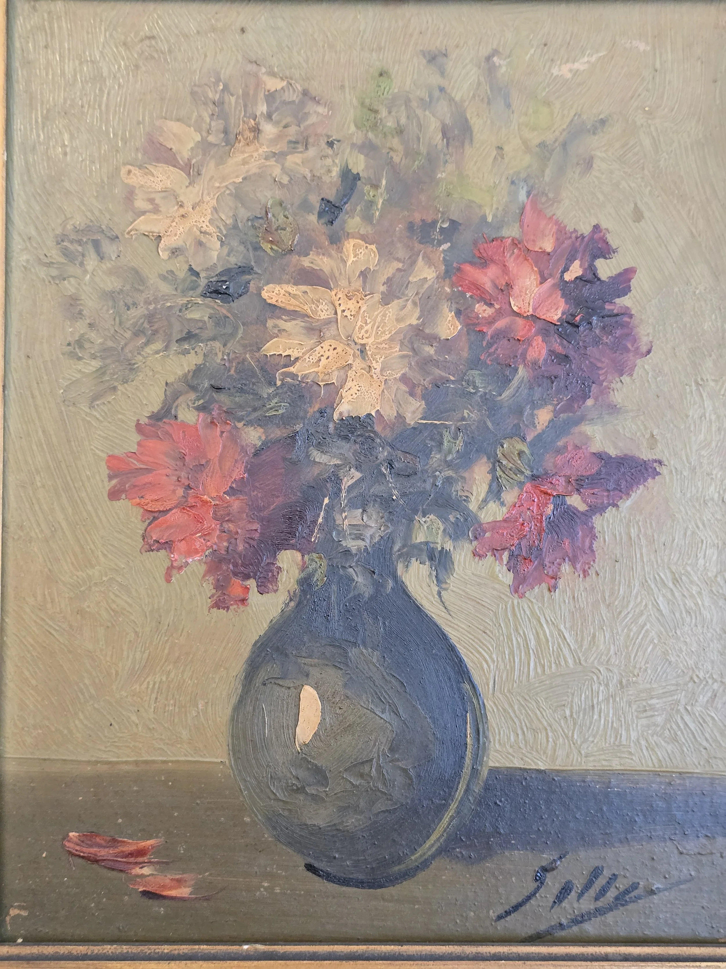 Matching framed floral oil paintings suitable for cottage and country house interiors.