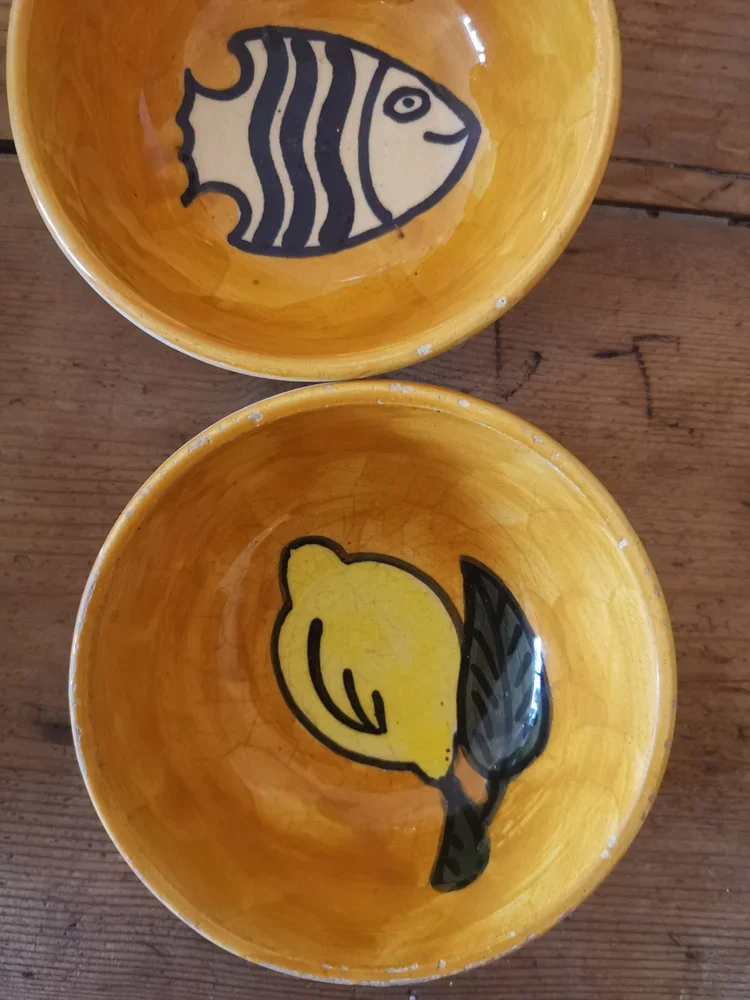 Vintage Tunisian Nabeul bowls with hand painted fish and lemon design