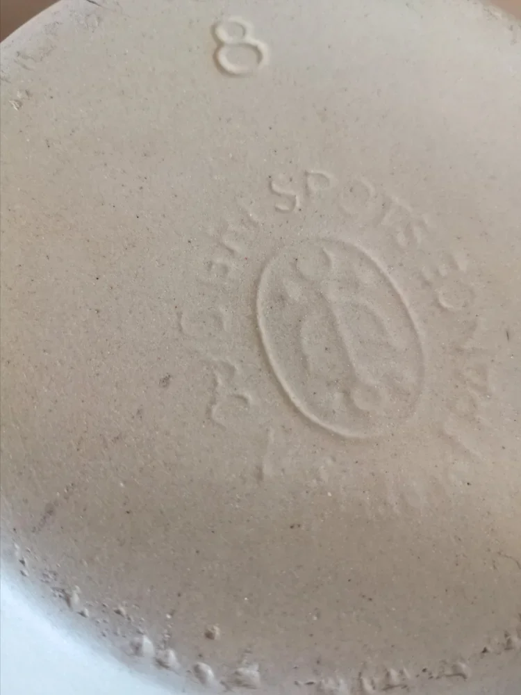 Base of Digoin stoneware bowl showing impressed Digoin Sarreguemines stamp with number 8