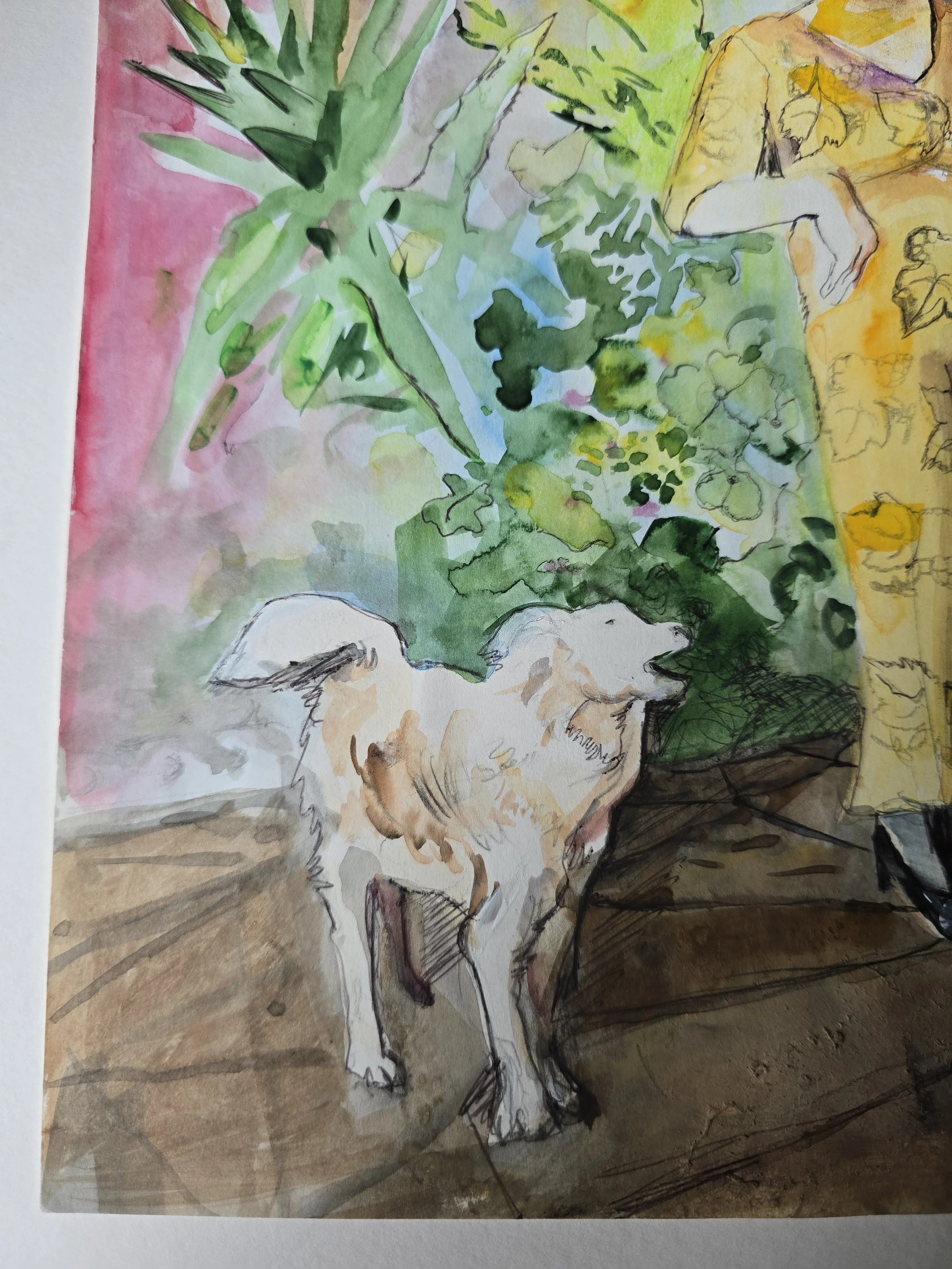 White dog standing beside two women in an expressive garden scene