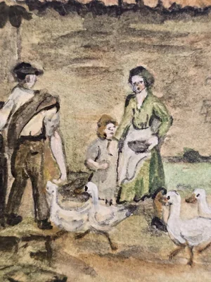 Full view of rustic cottage scene print with geese and family