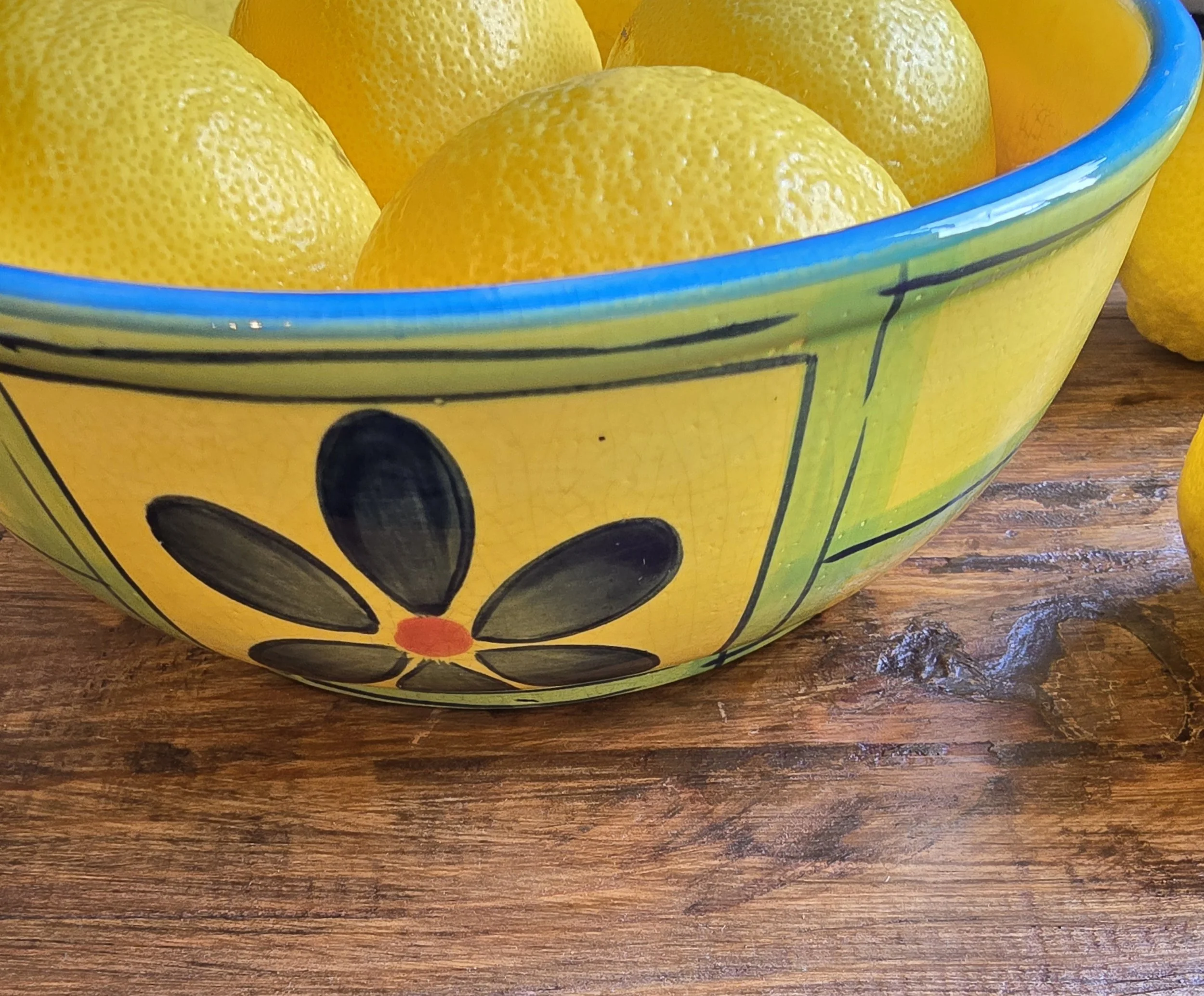 Casa Colori hand-painted yellow ceramic bowl styled with lemons