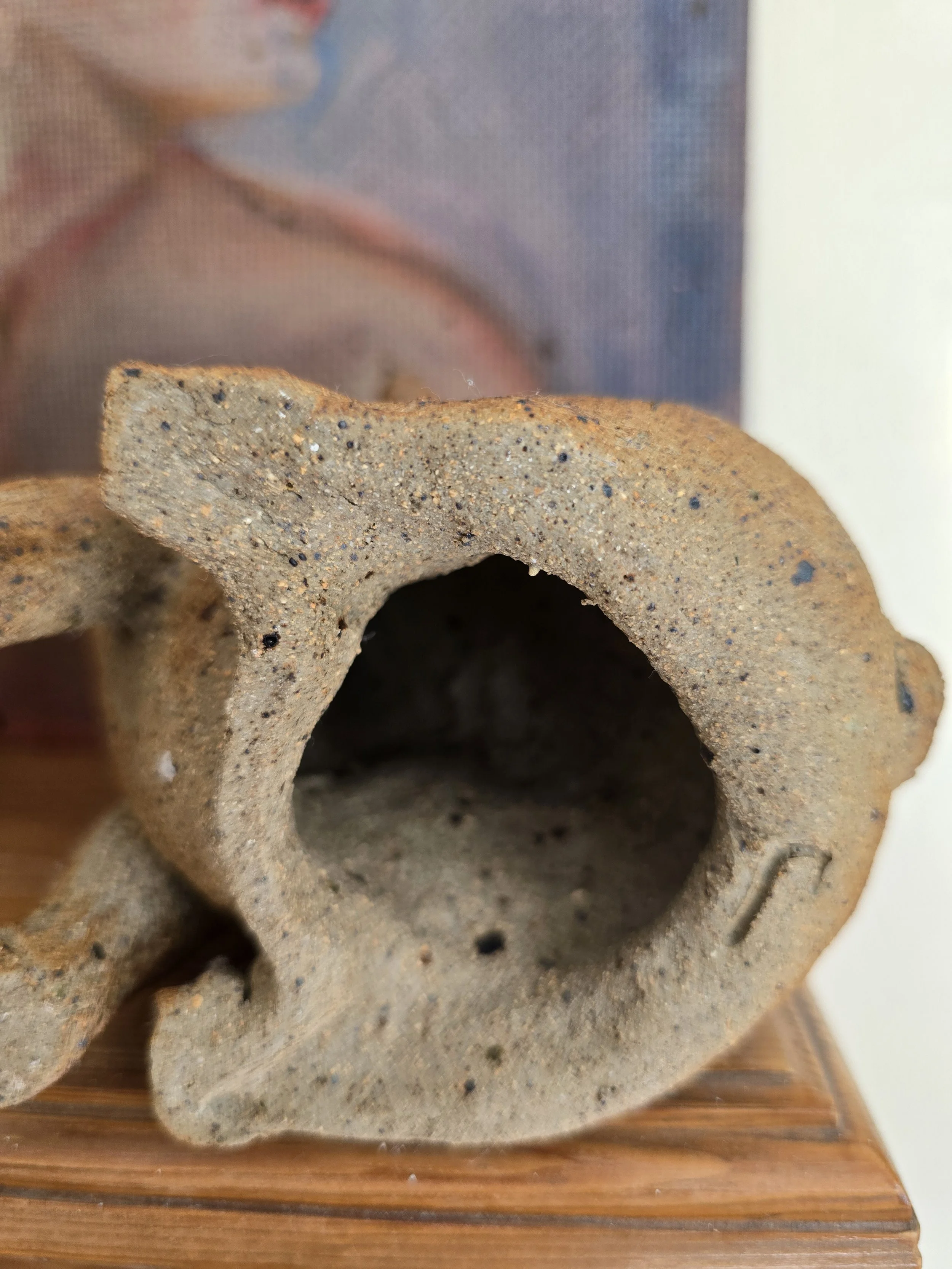 Close-up of pottery pig's expressive face with raised snout, incised eyes and large pointed ears.