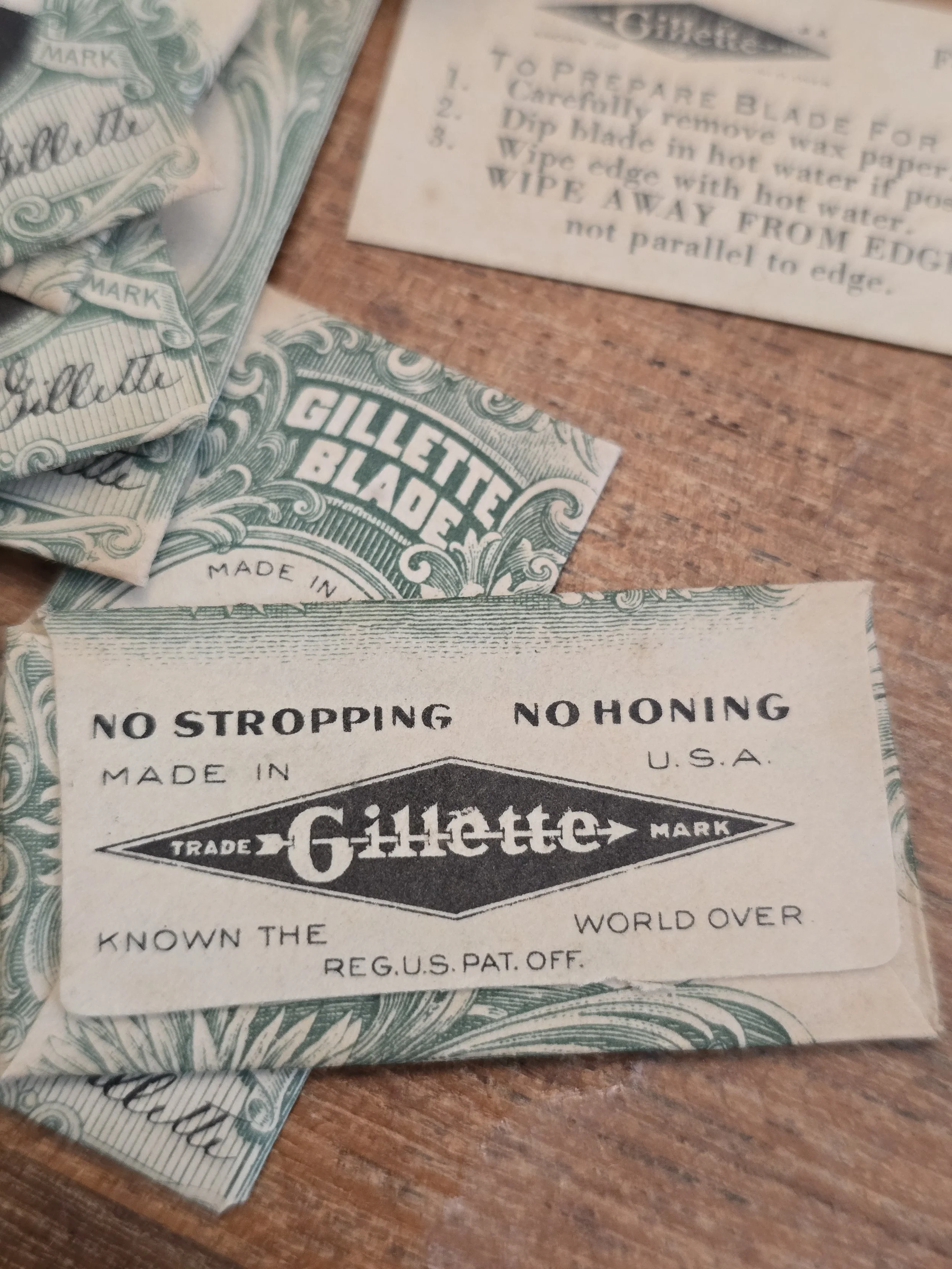 Reverse of original Gillette blade wrapper showing advertising text.