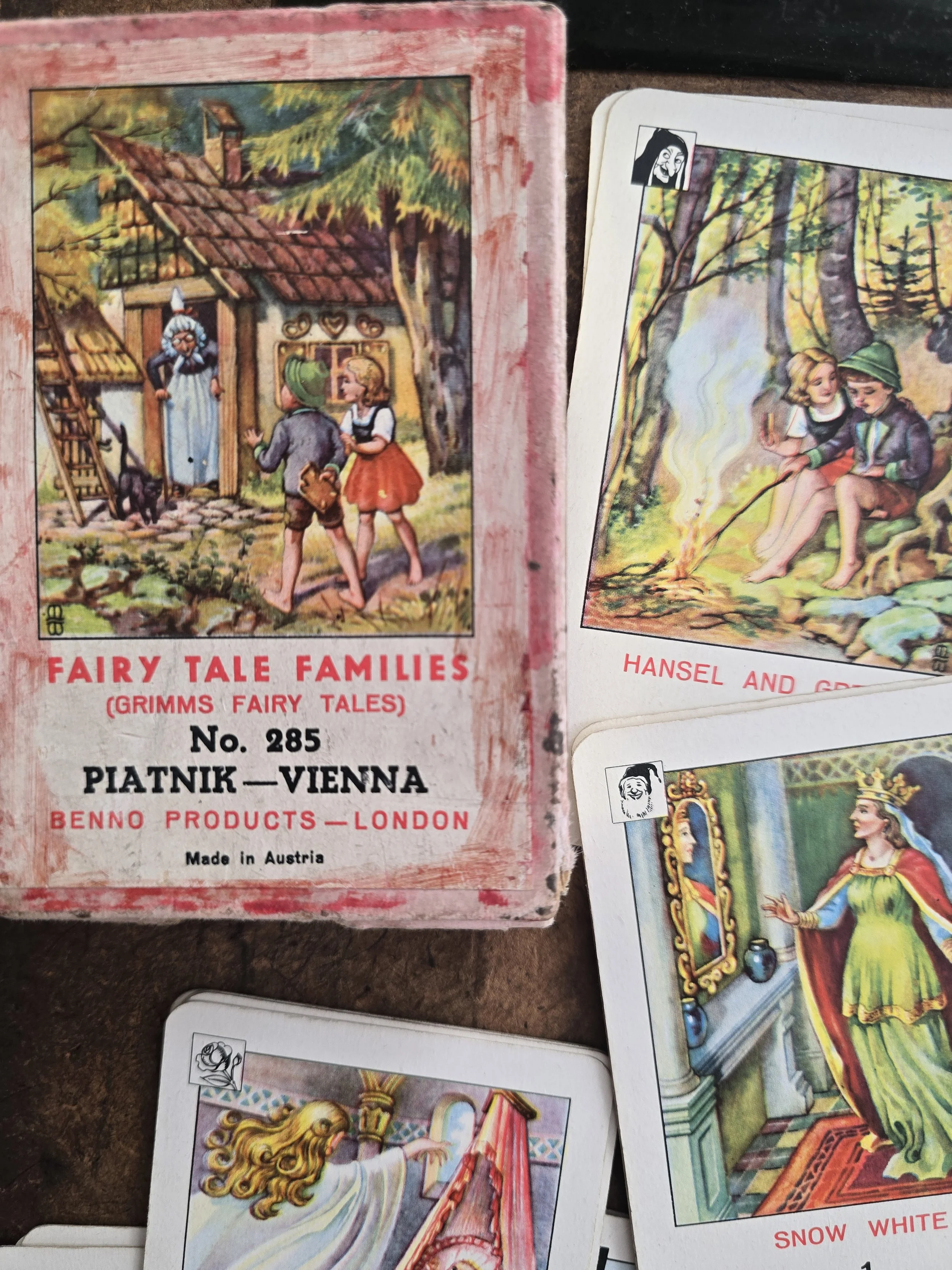 Complete vintage Piatnik Fairy Tale Families card game with colourful Grimm’s Fairy Tales illustrations and original box.