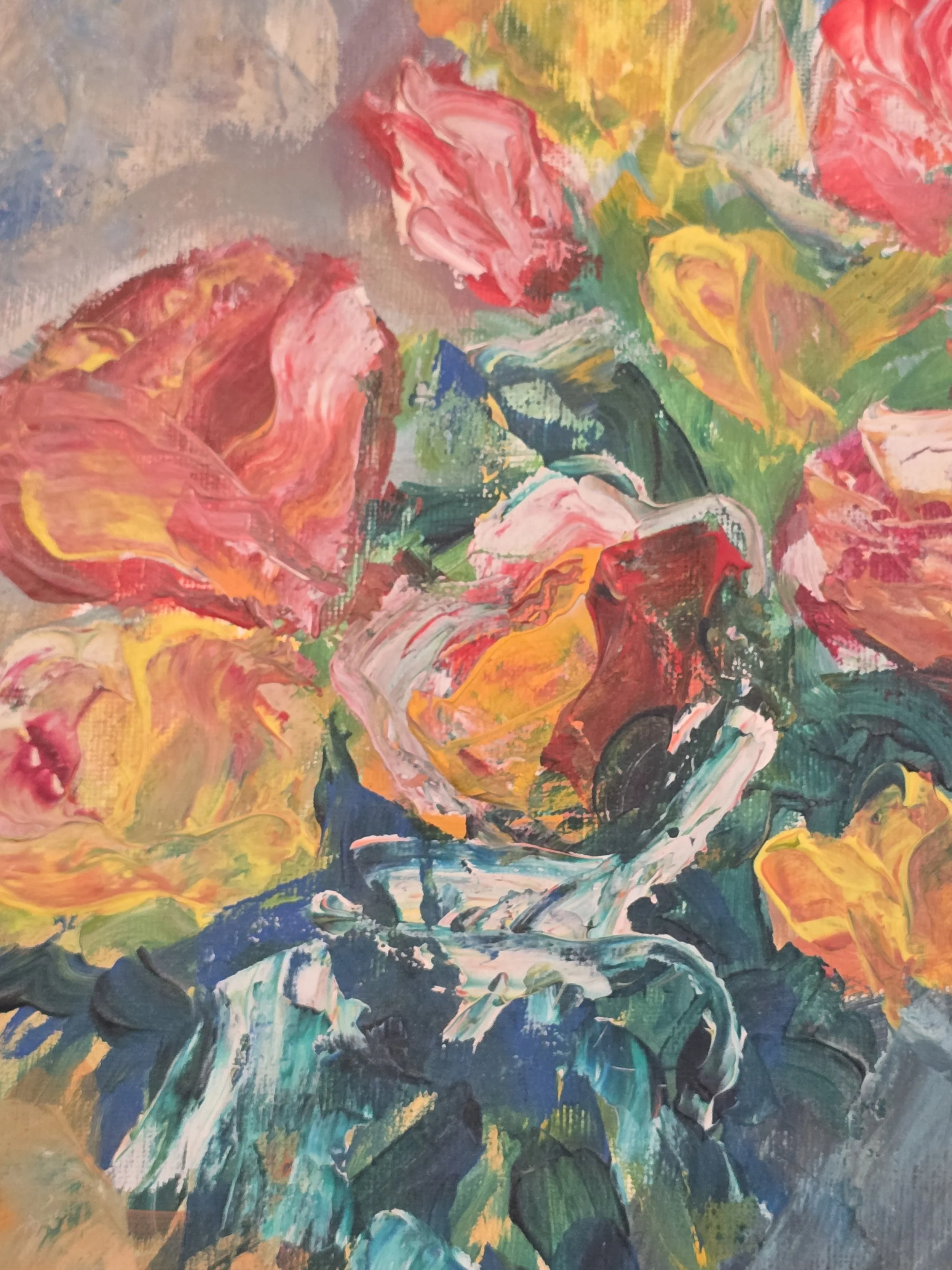 Colourful vintage canvas artwork with flowers arranged in a pale blue vase.