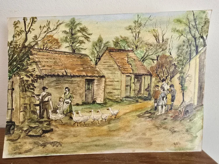Close-up of children in vintage rural watercolour print by G. Allis