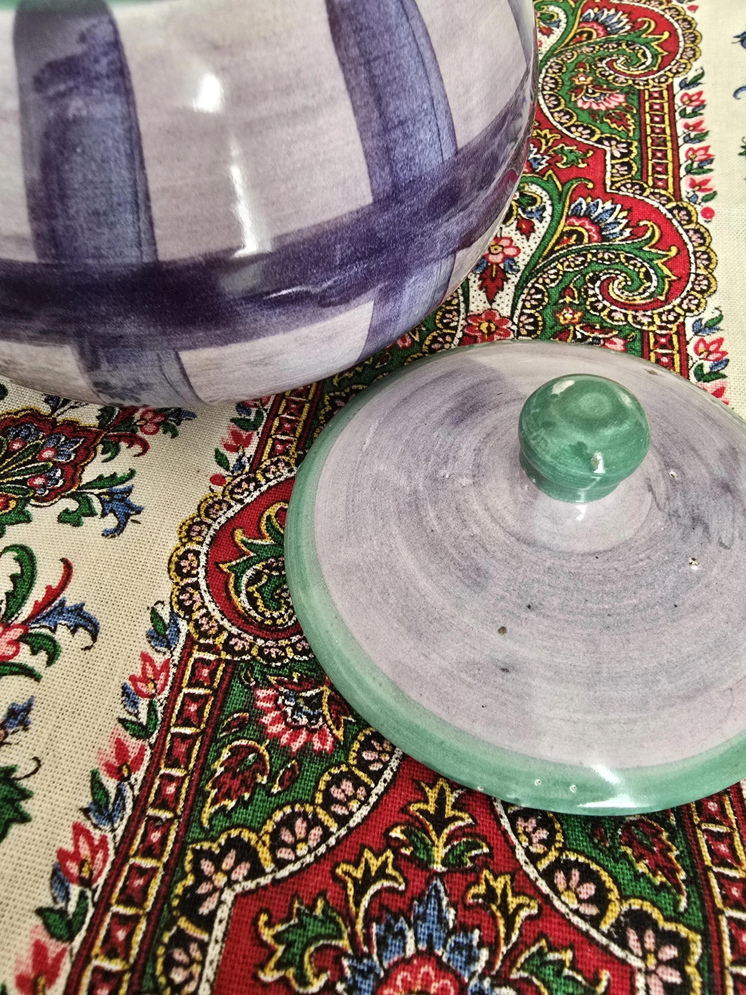 1990s Italian ceramic sugar bowl front view with painted purple stripes