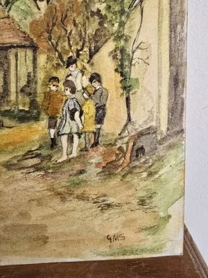 Close-up of geese parade in vintage rural watercolour reproduction