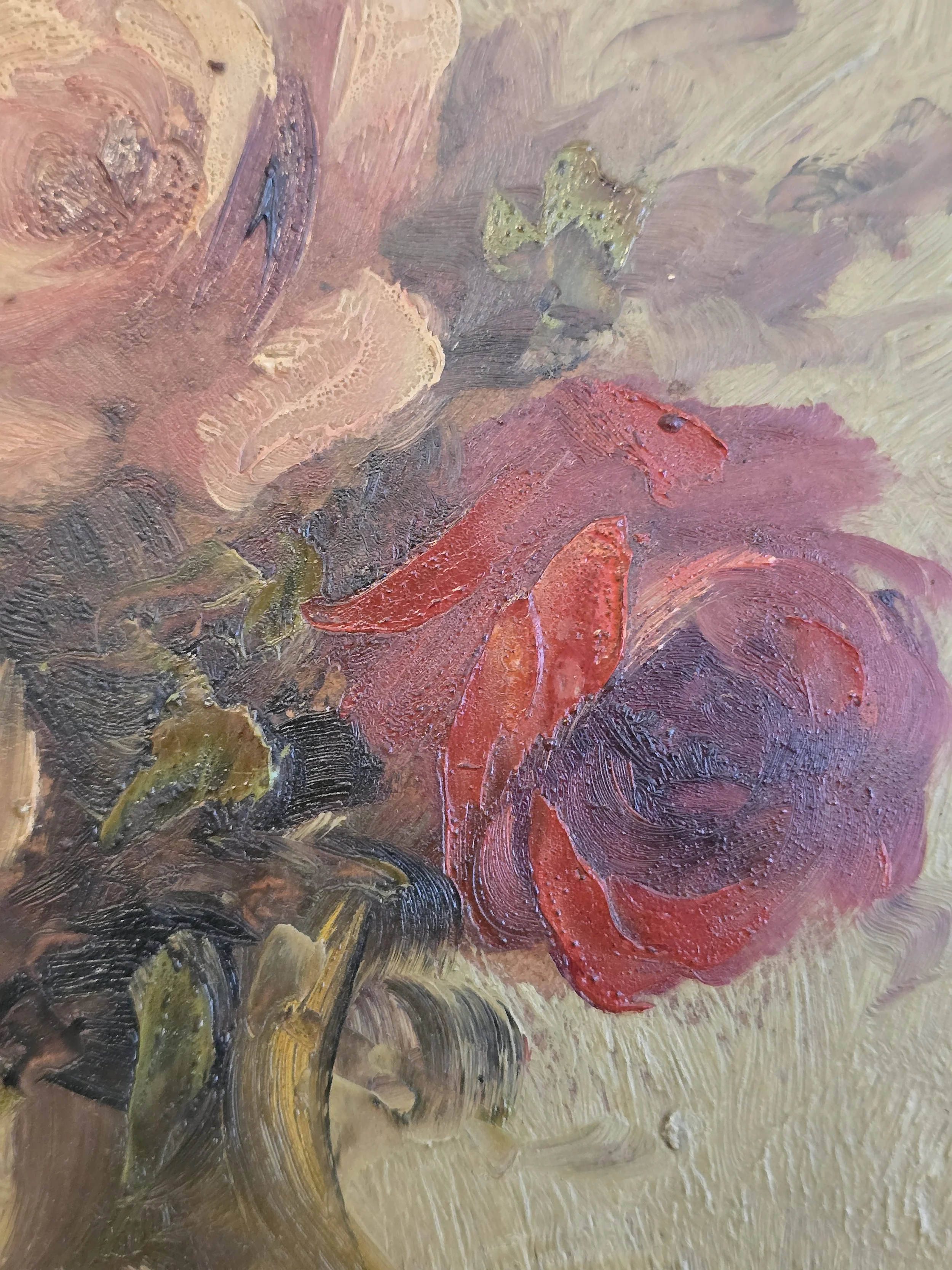 Close-up of floral still life with rich colours and painterly texture