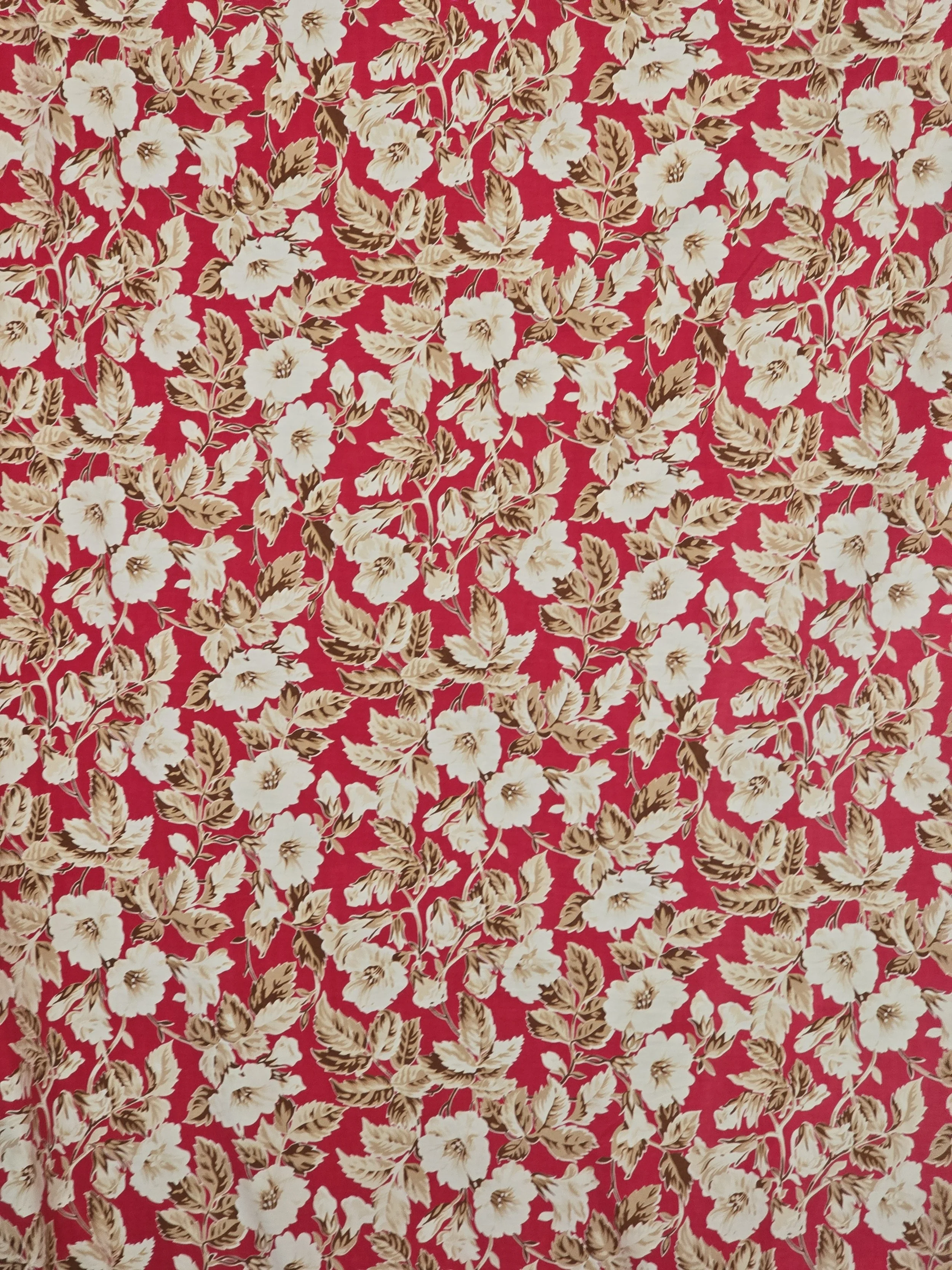 Vintage raspberry pink floral furnishing fabric with cream blossoms and brown foliage