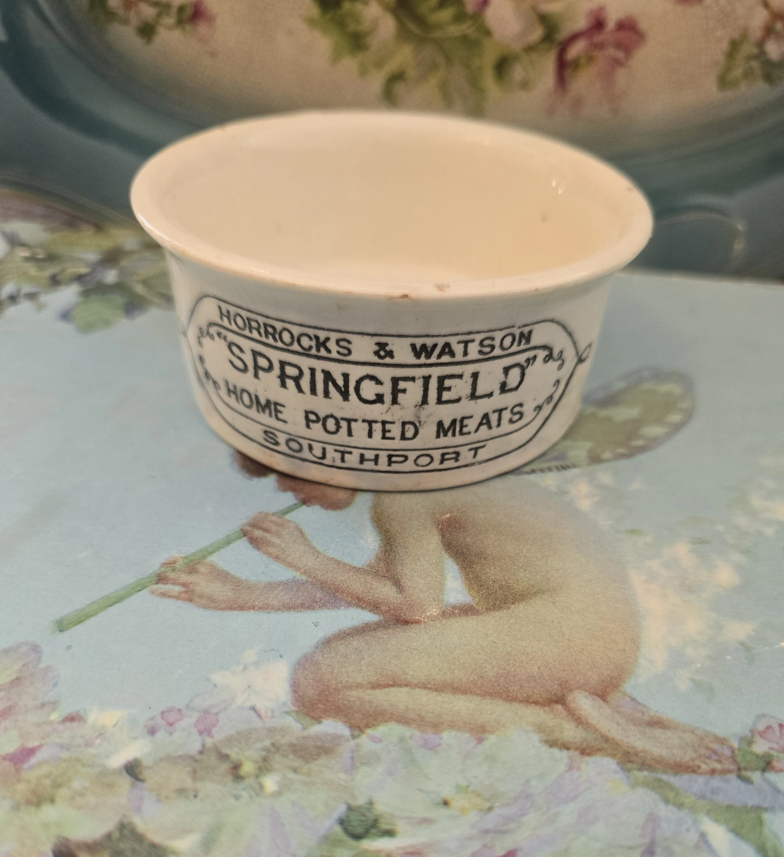 Antique Horrocks and Watson Springfield potted meat pot in cream glazed ceramic with black lettering.