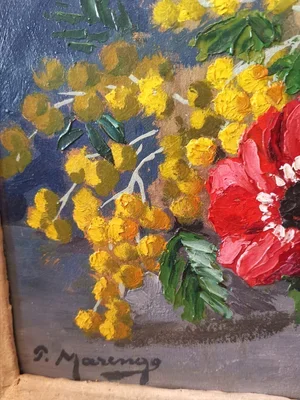 Vintage painting with rustic whitewashed frame and floral still life scene