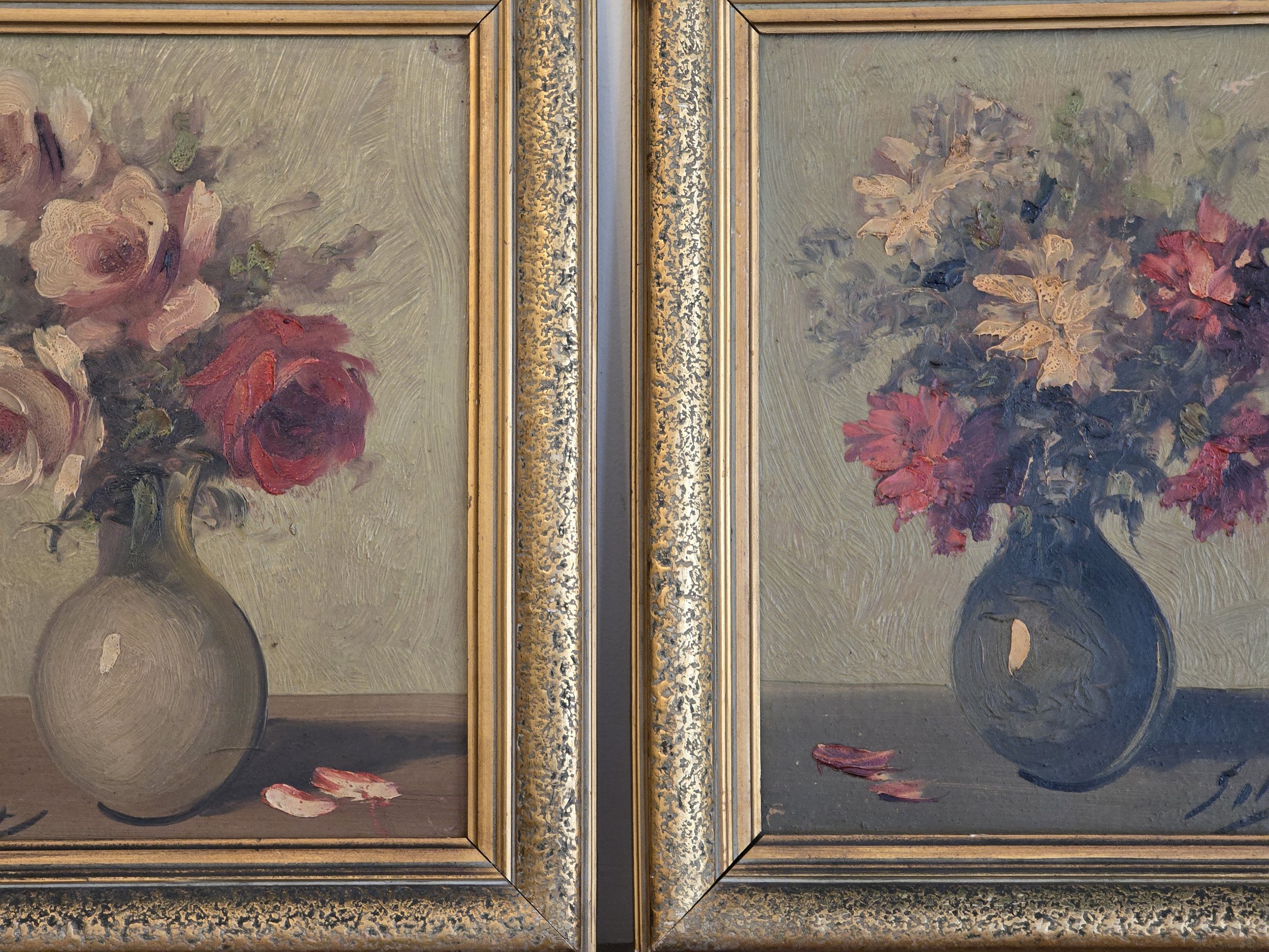 Decorative French floral paintings featuring bouquets of flowers in simple vases.