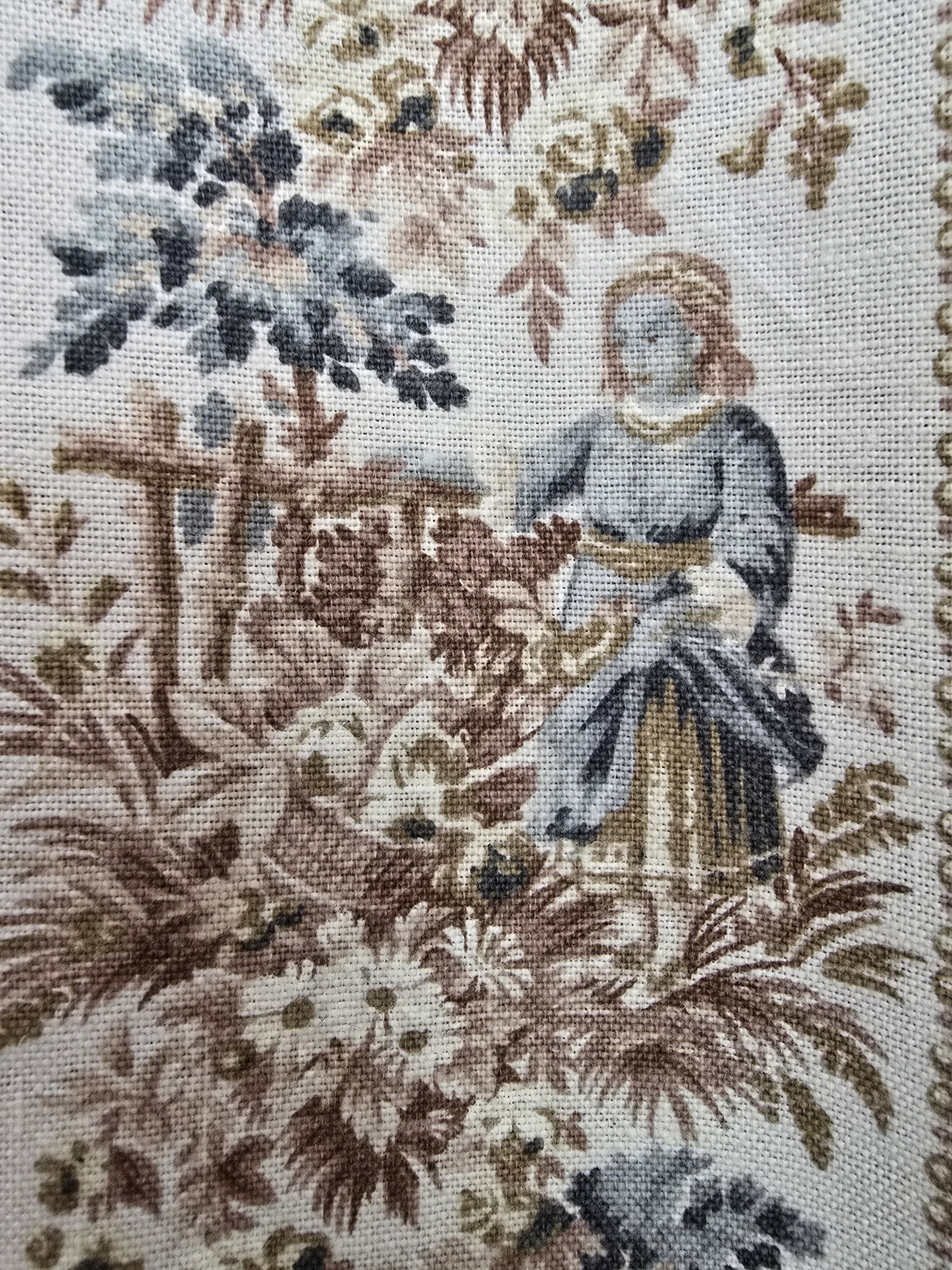 Detail of printed pastoral scene with maiden in blue dress and garden setting