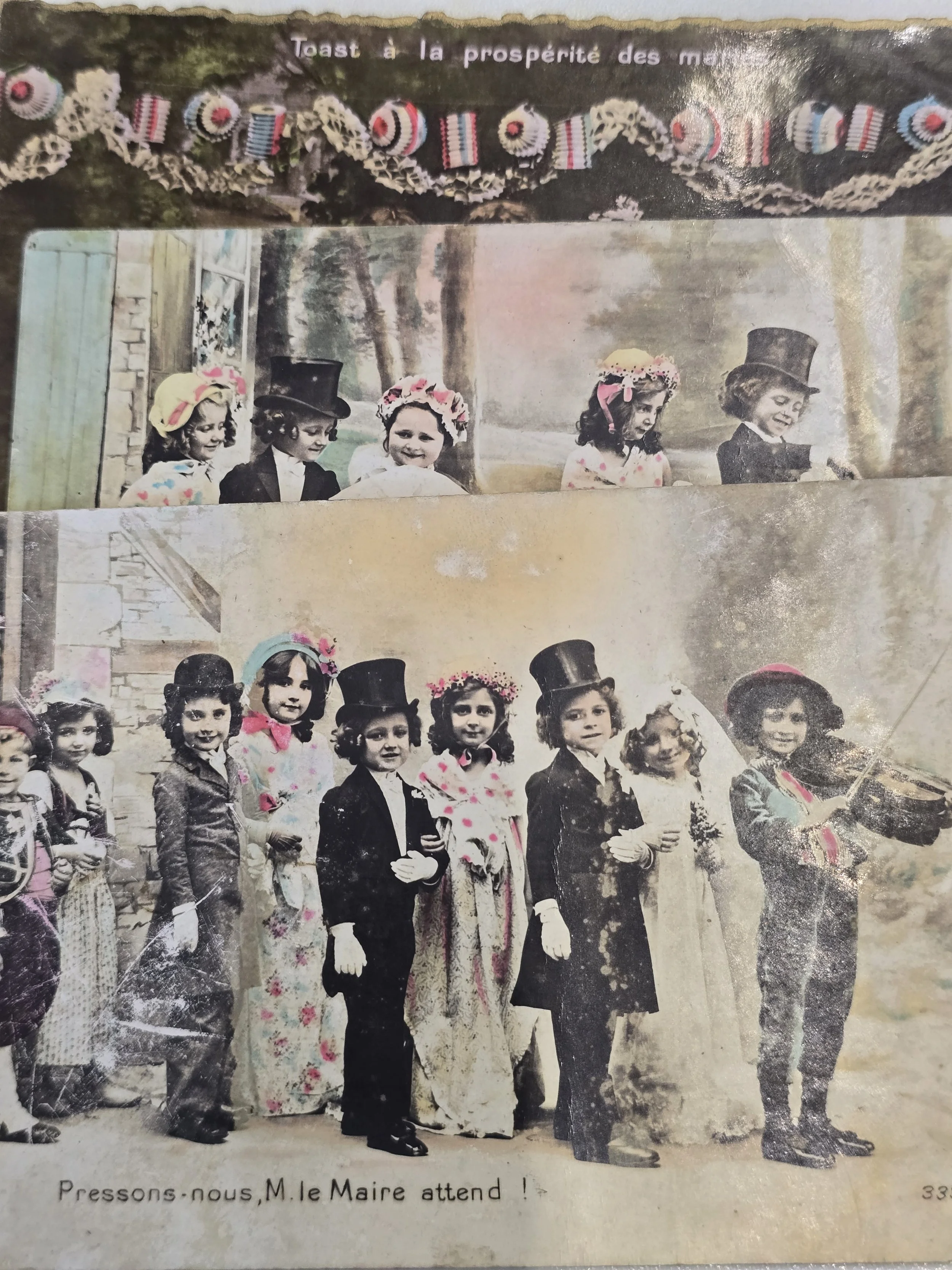 Collection of three French hand-tinted wedding postcards from the Belle Époque period available as a digital download.