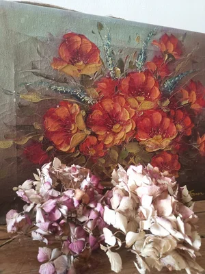 Vintage floral oil painting with dried hydrangeas styled in foreground