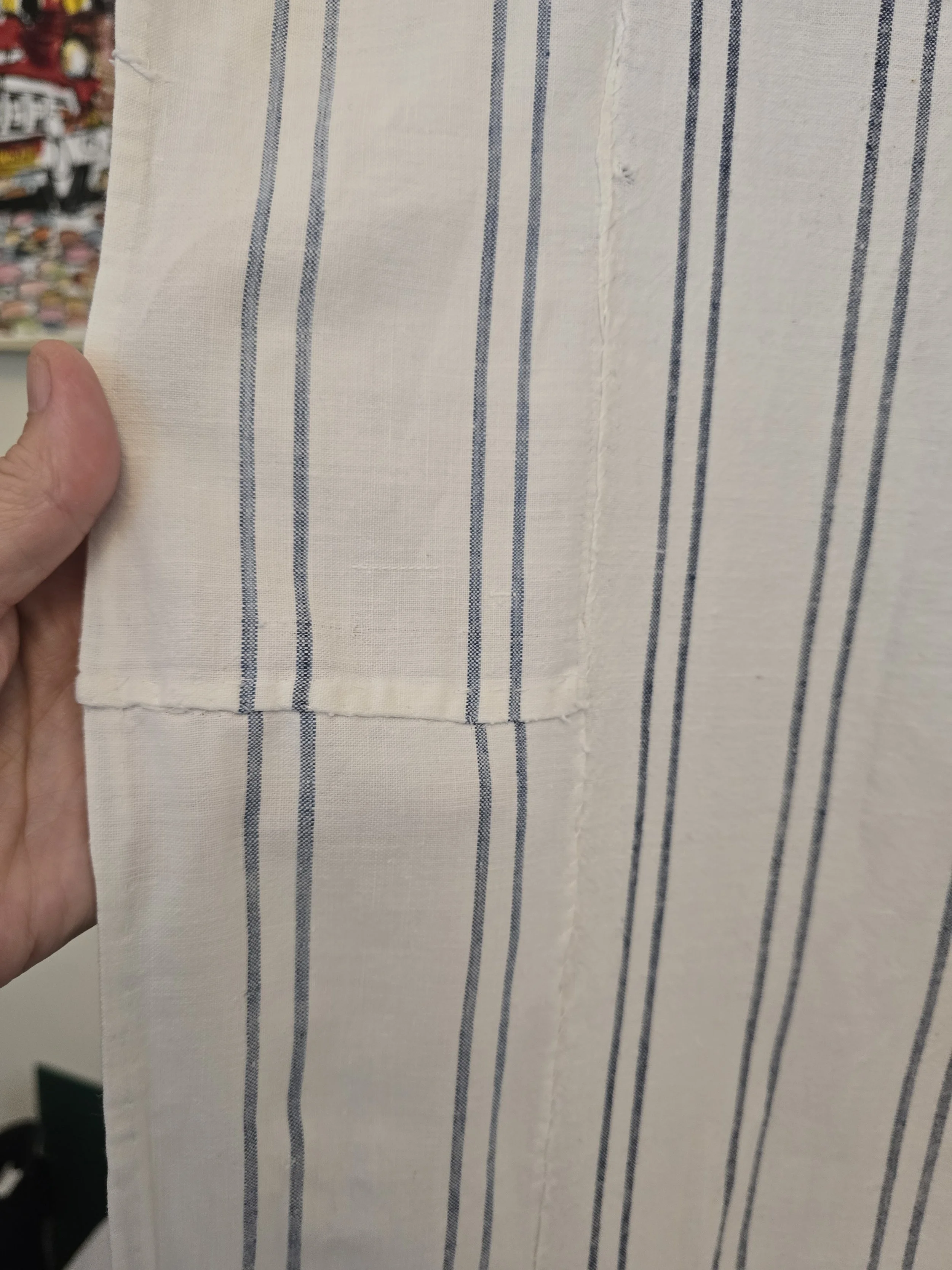 Blue stripe antique cotton textile with crisp woven stripes and beautifully preserved condition.