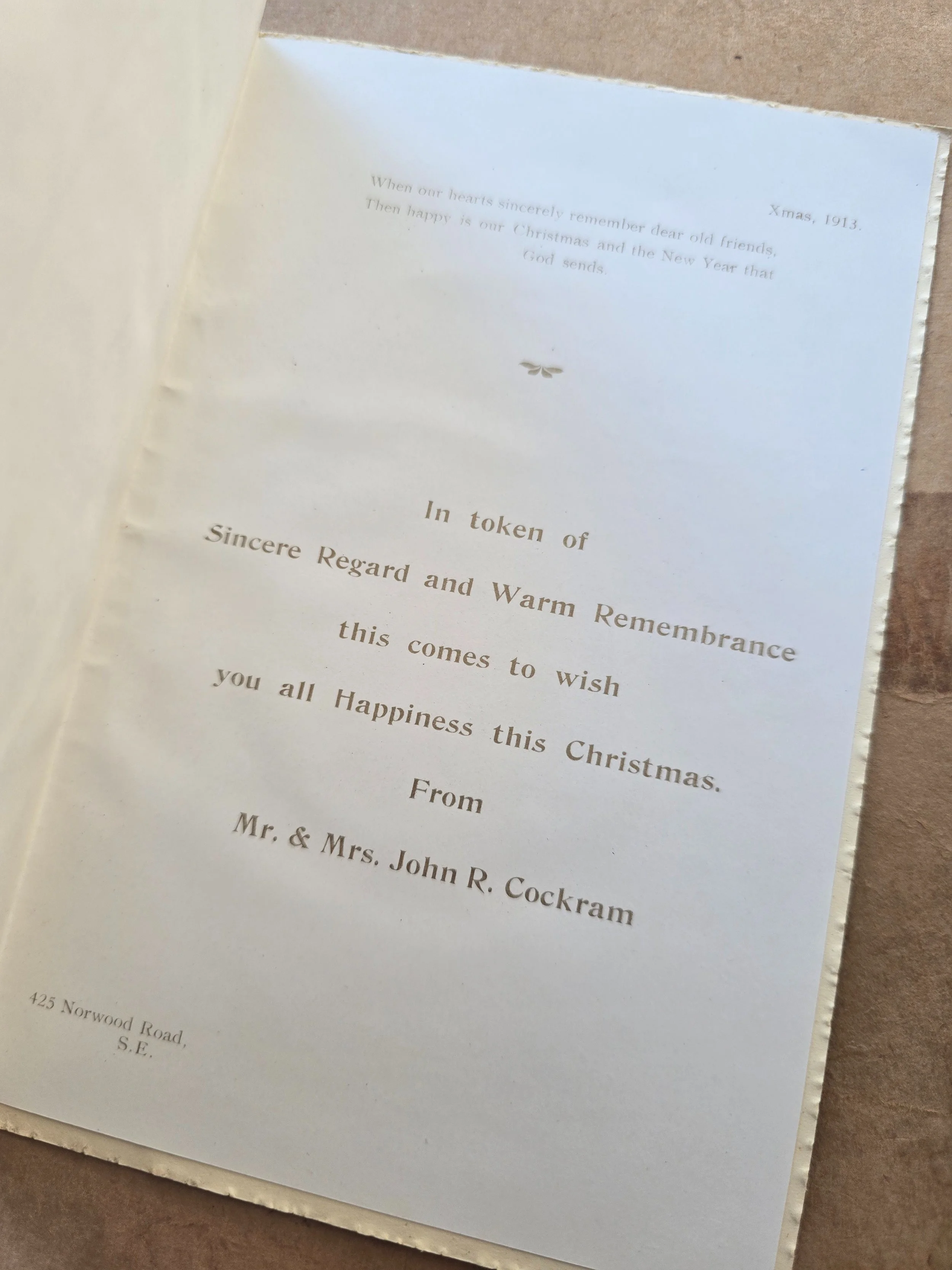 Interior of 1913 Christmas card printed for Mr and Mrs John R Cockram