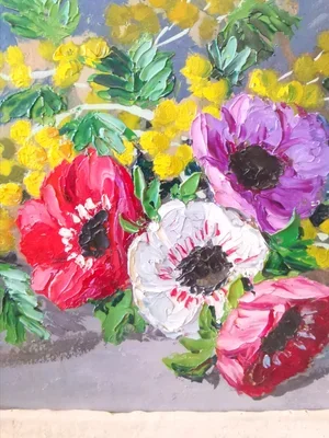 Yellow mimosa blossoms with bold brushwork in vintage painting signed F. Marengo