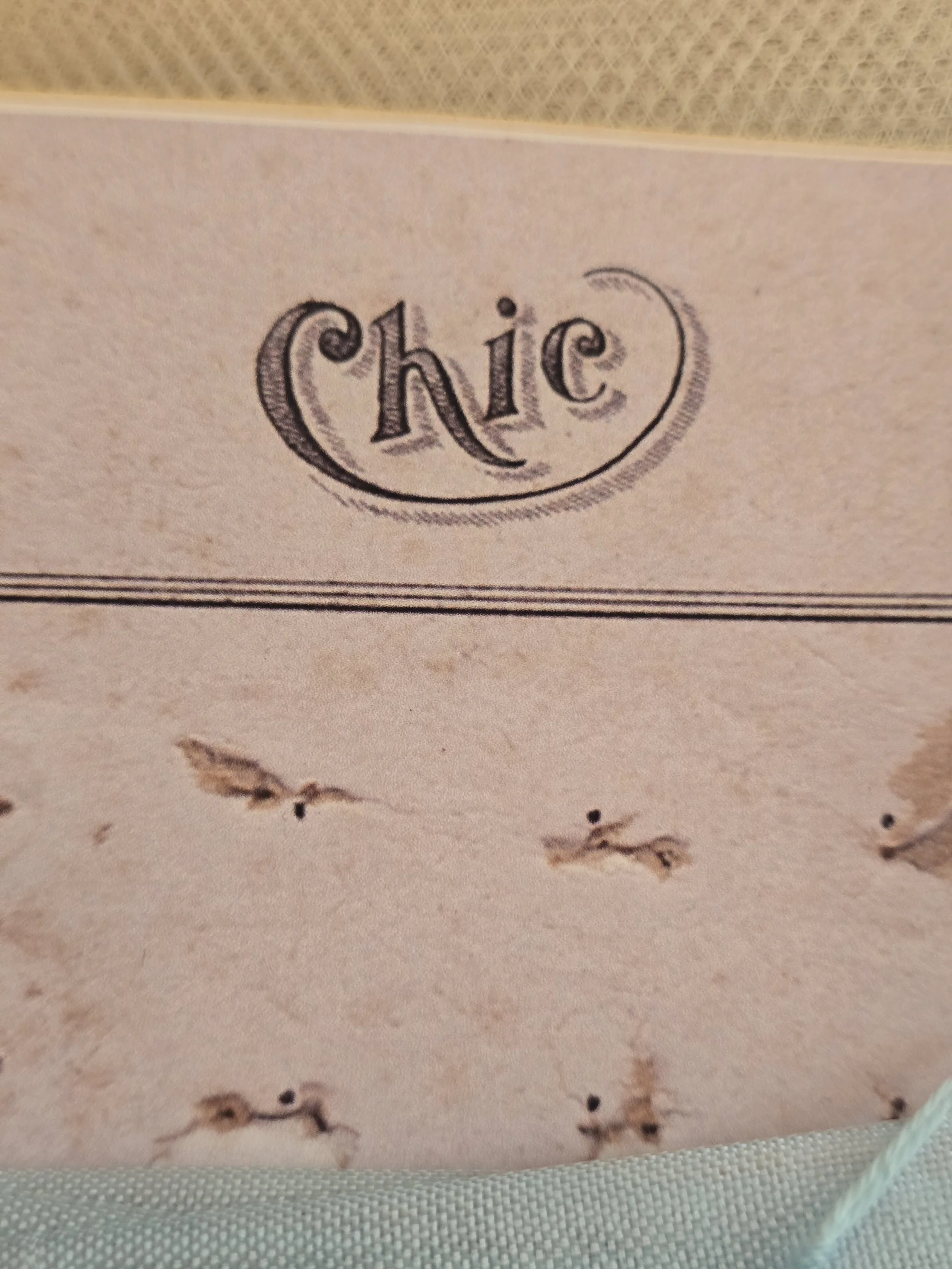 Detail of studio-made Chic card with faded French inspired design and vintage ribbon.