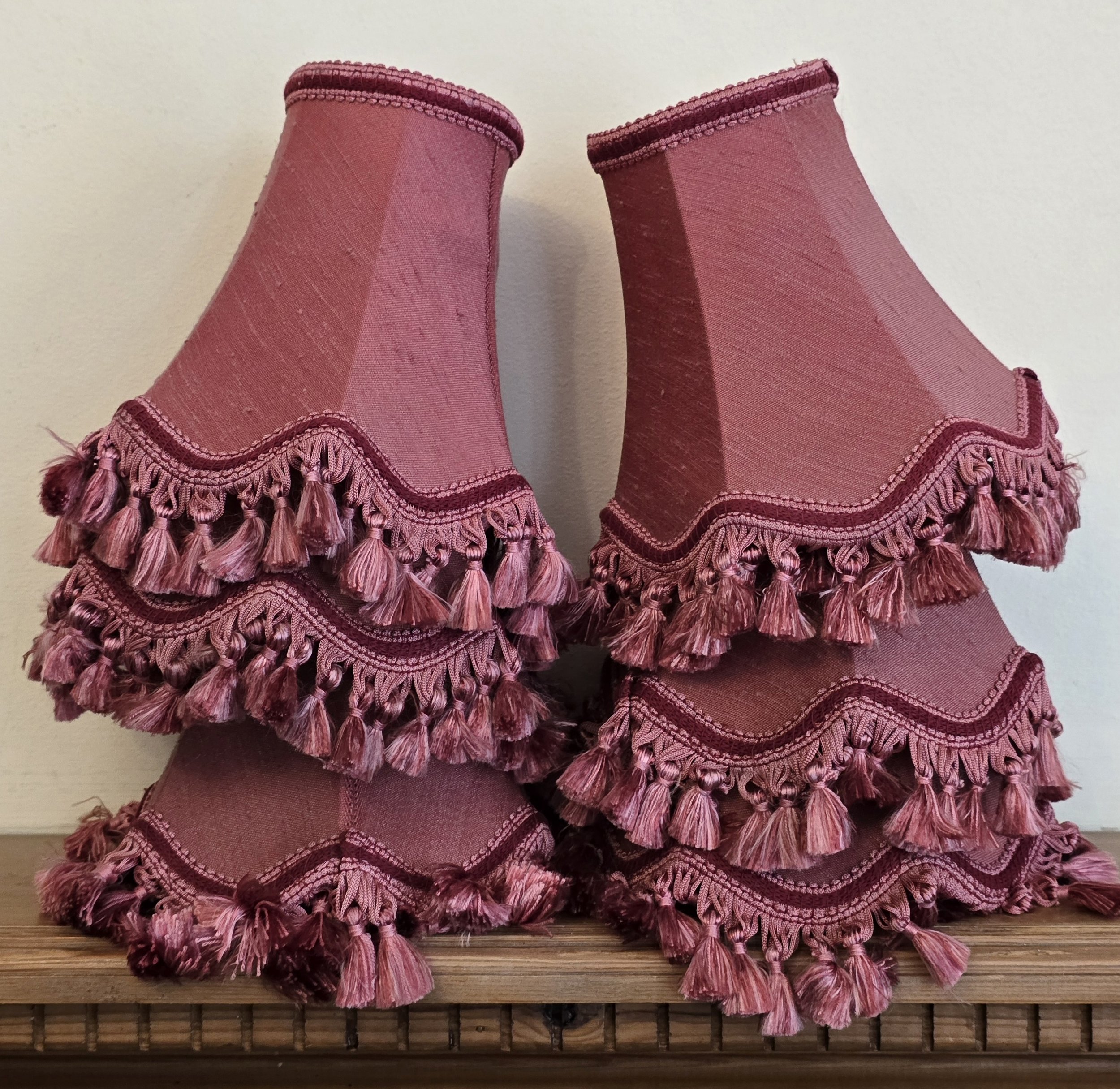 Vintage dusty rose lampshade with layered tassel fringe trim.