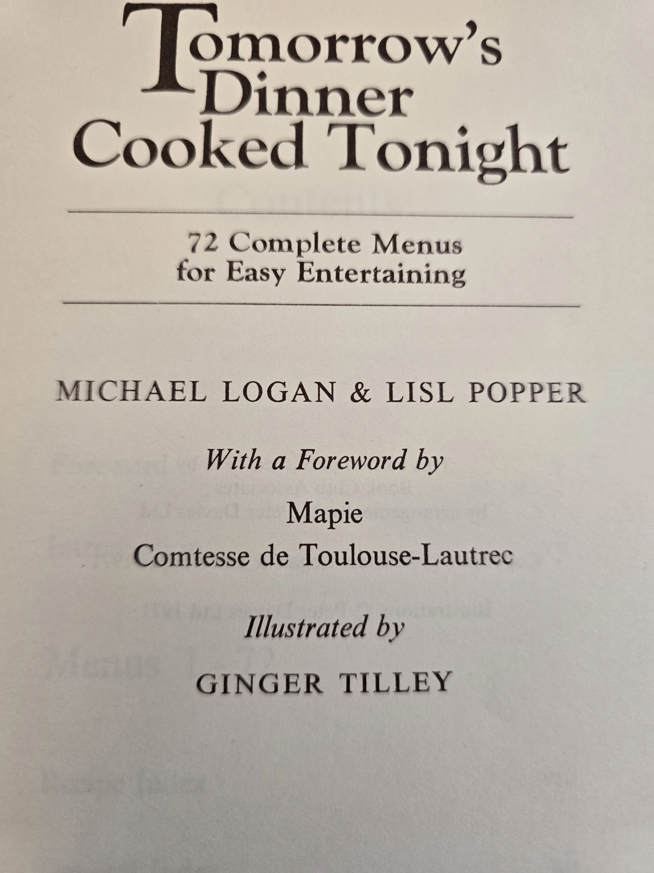 Title page of Tomorrow's Dinner Cooked Tonight by Michael Logan and Lisl Popper