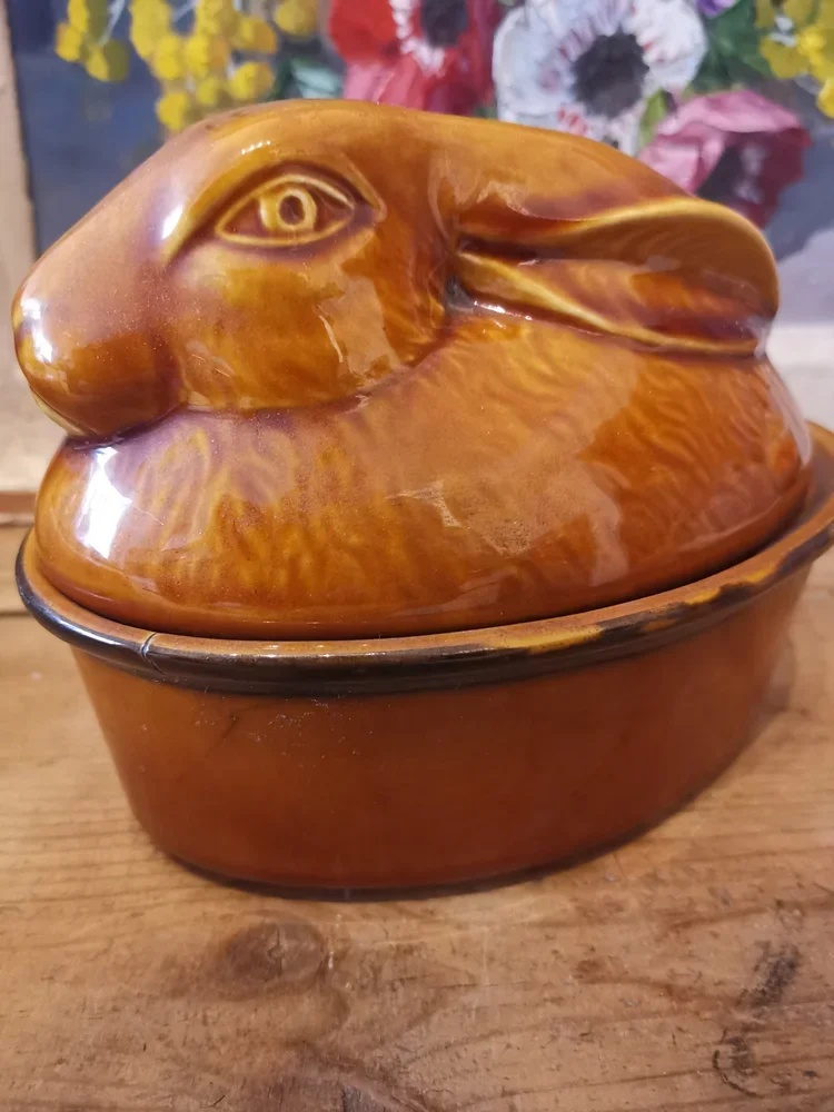 Vintage French rabbit terrine in caramel-brown ceramic with sculpted rabbit lid