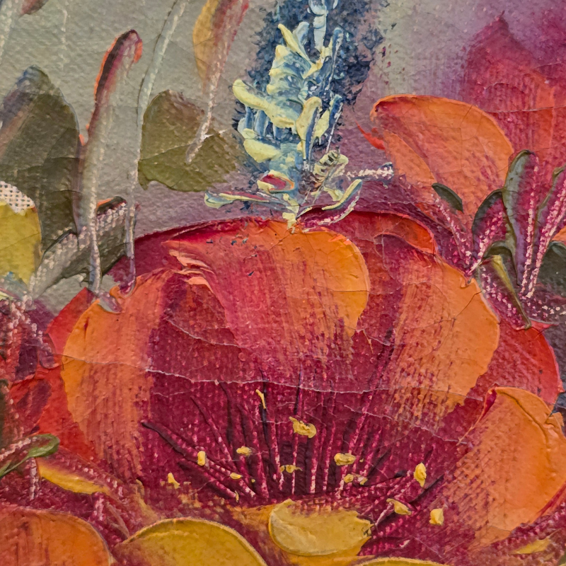 close-up detail of a vintage floral artwork showing richly coloured blooms  in deep raspberry, coral and orange tones