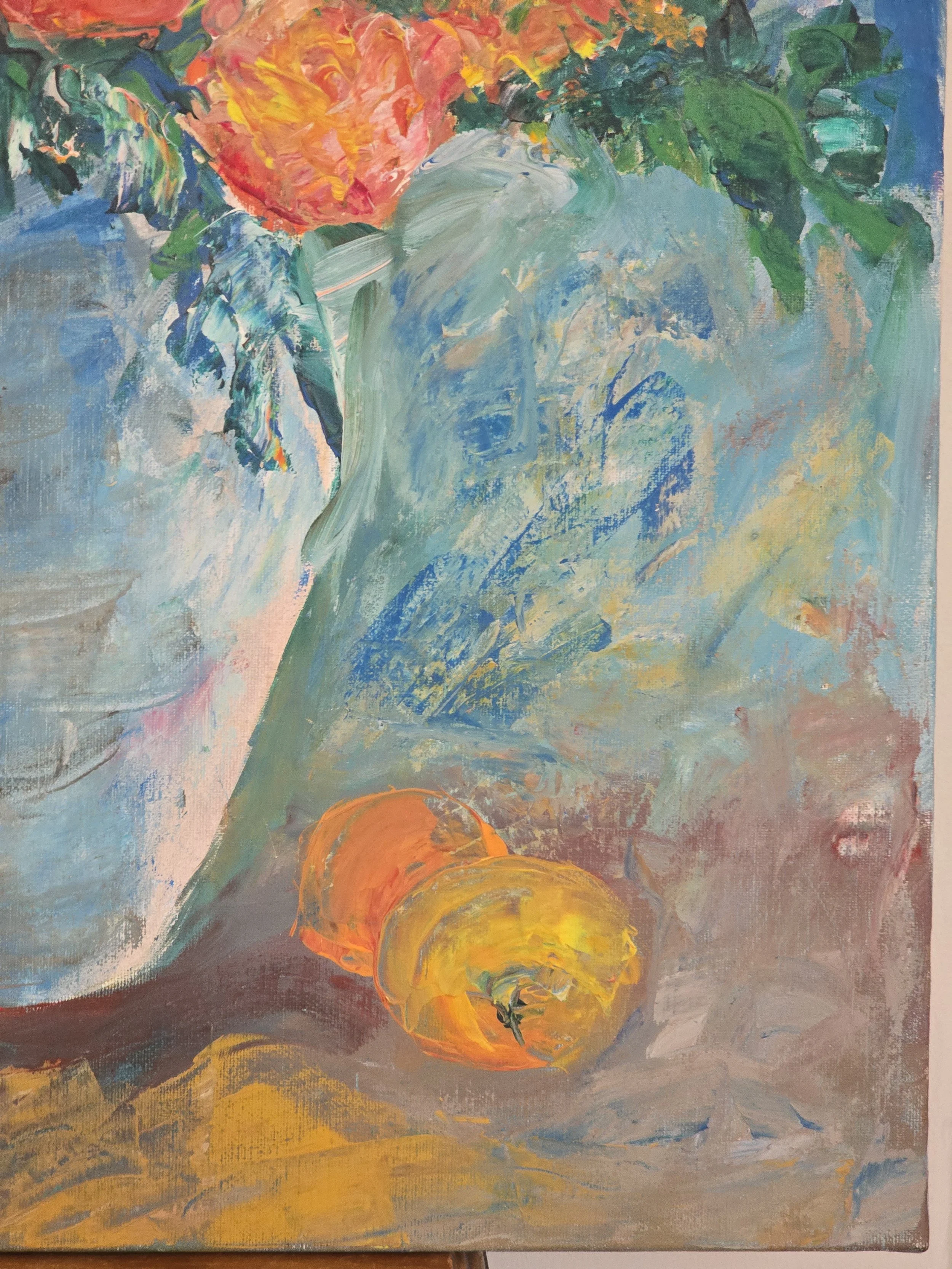 Detail of floral bouquet showing textured impasto paint and layered petals.