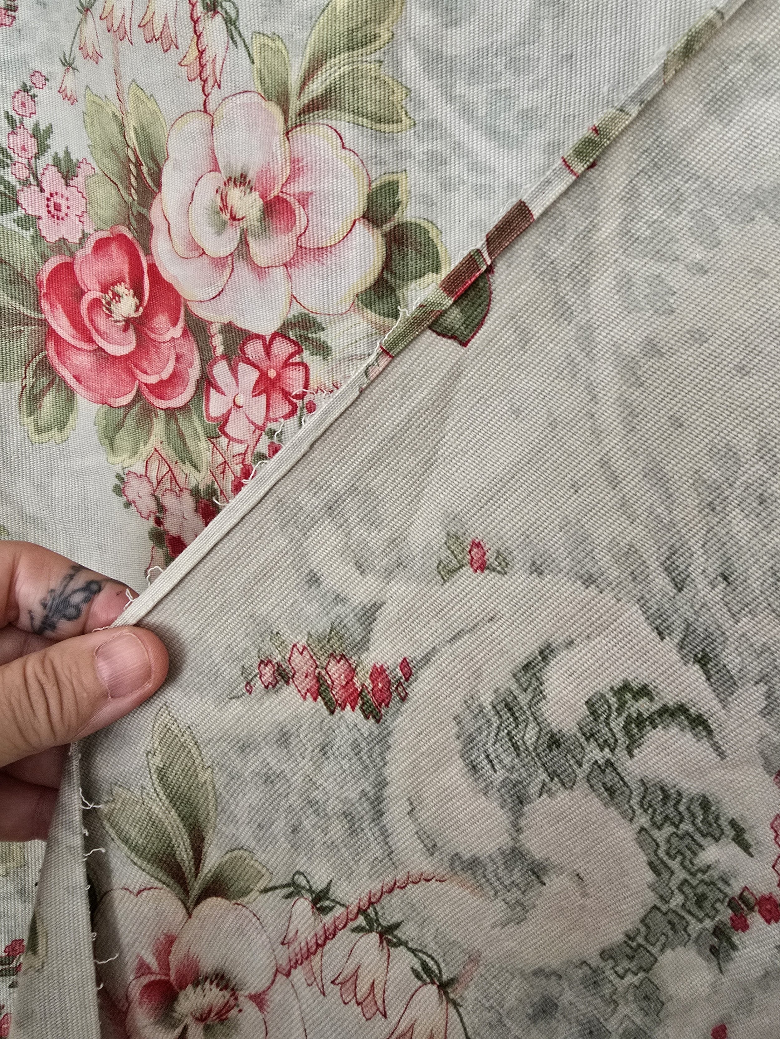 Antique French fabric with roses in woven cretonne texture