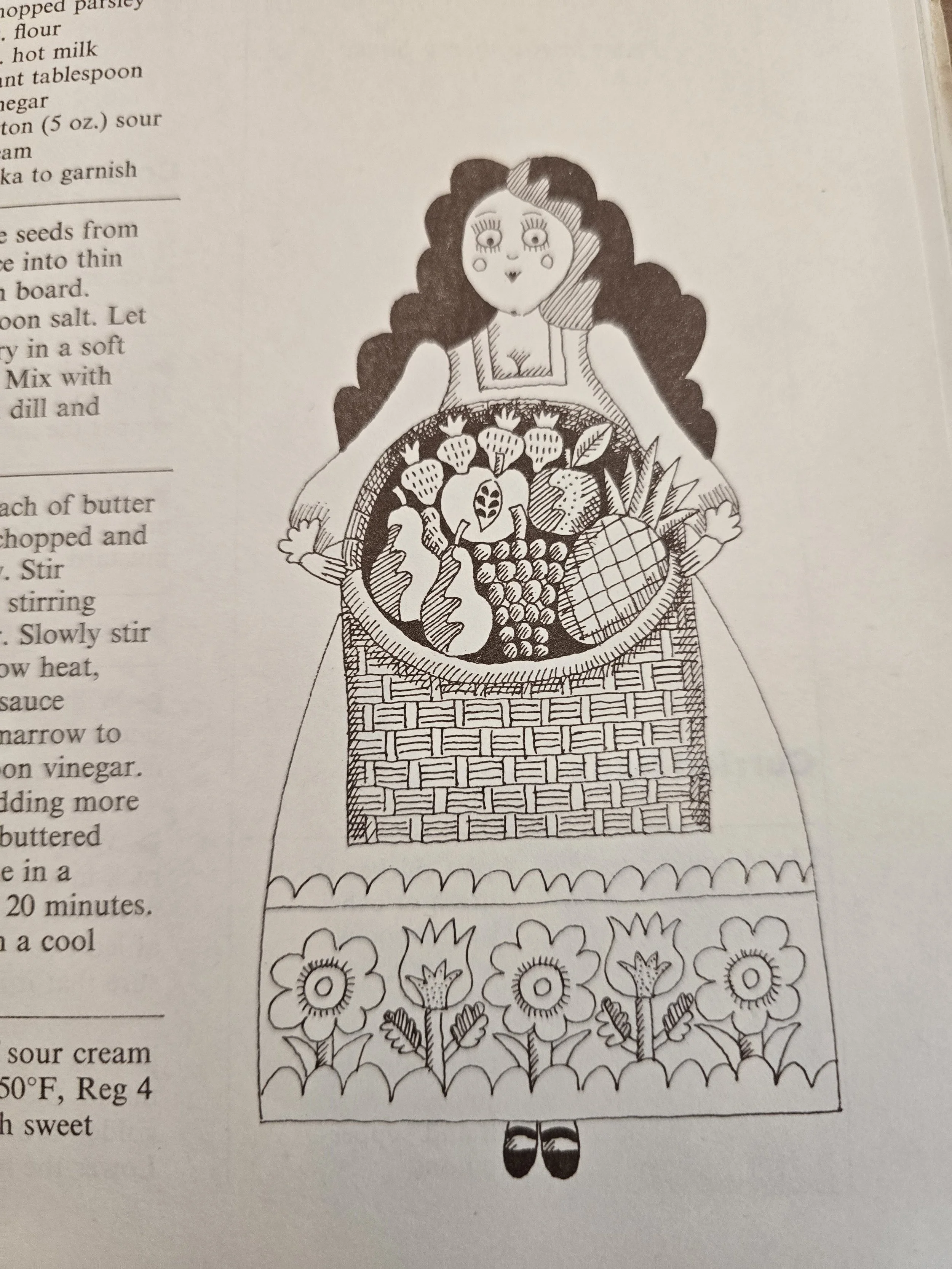 Interior illustration of a woman carrying a basket of fruit and vegetables.