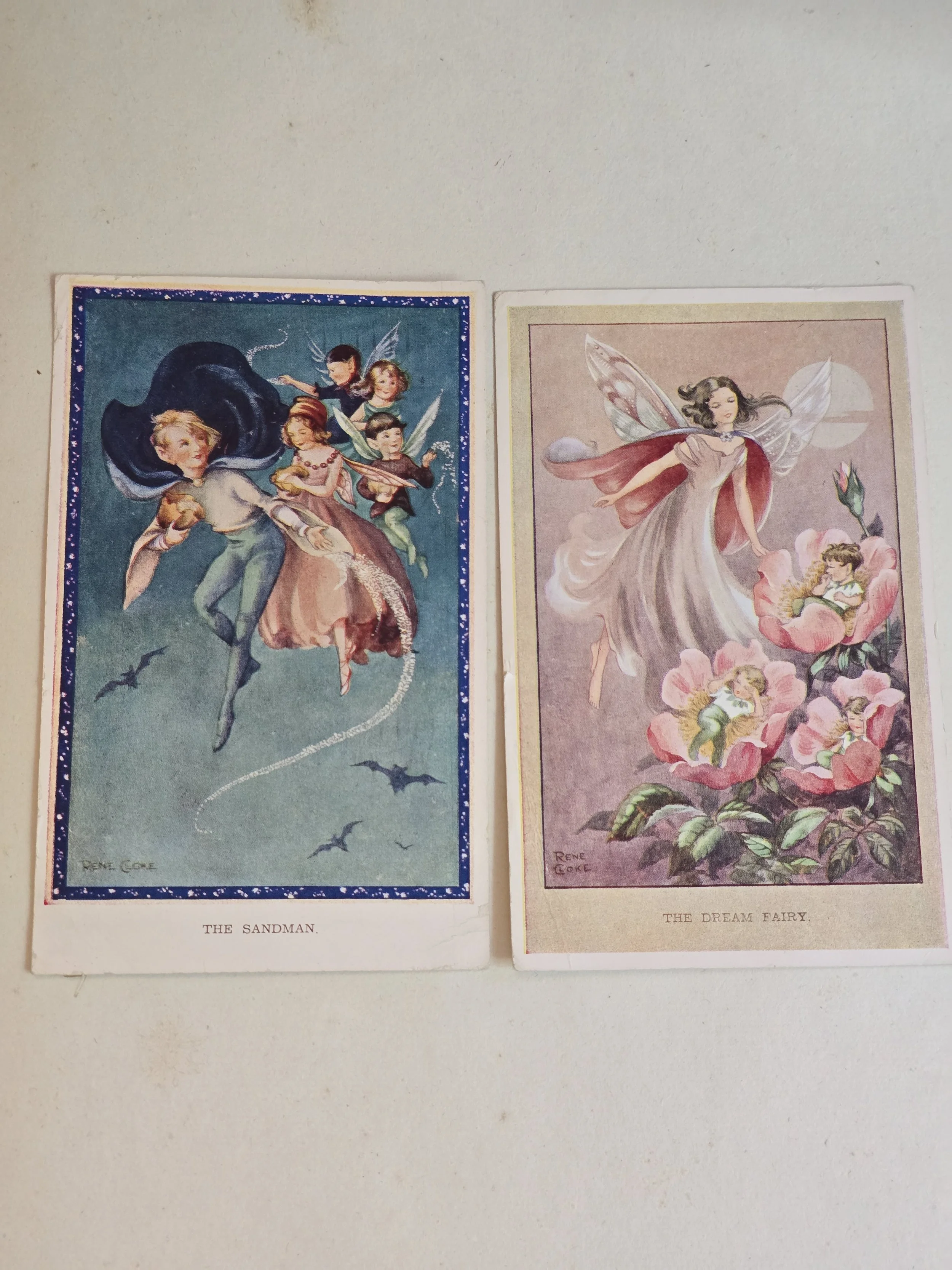 Pair of vintage René Cloke fairy illustration cards The Sandman and The Dream Fairy