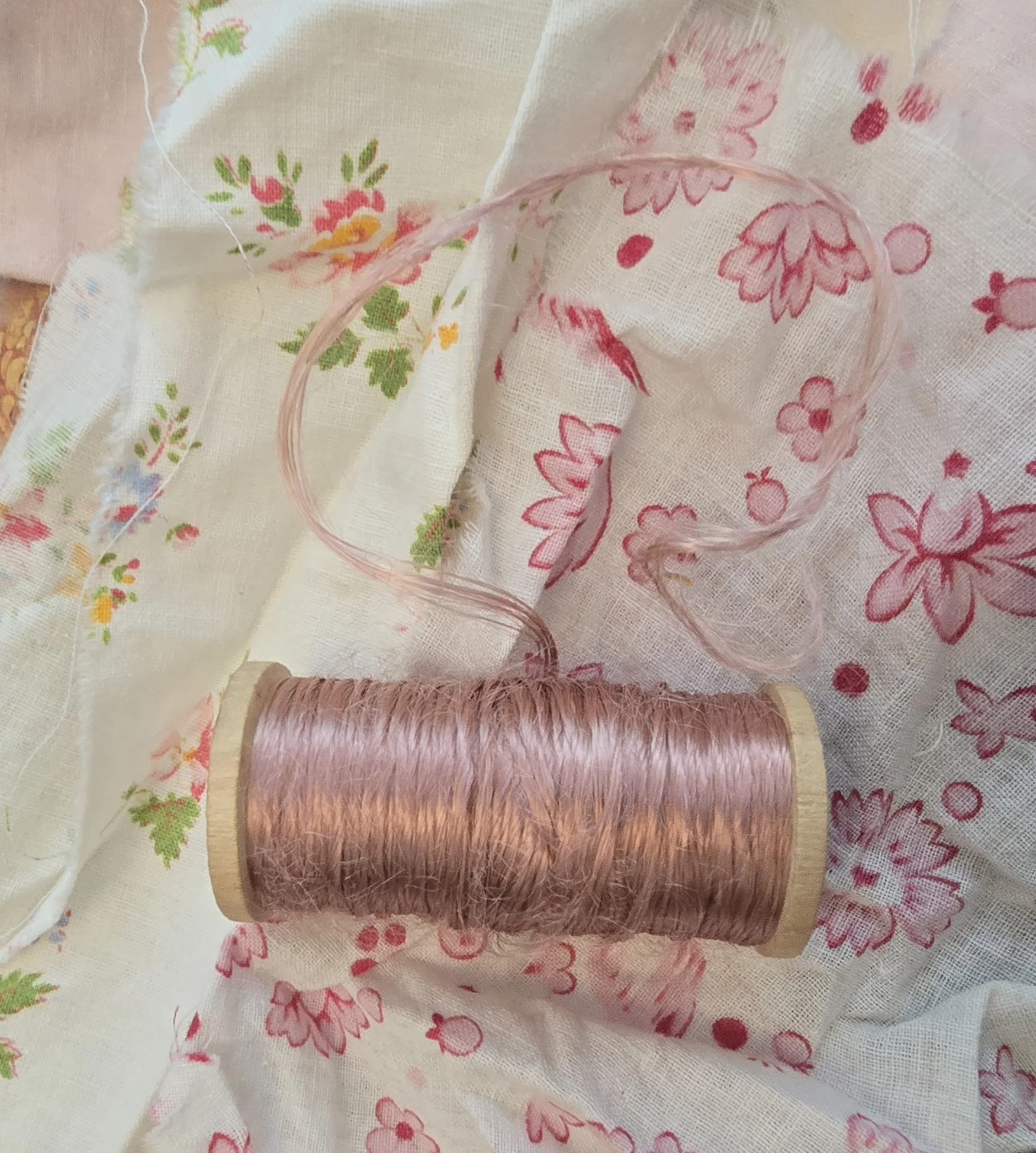 Vintage Pink Silk Thread on Wooden Spool, Haberdashery Supply, Textile Curiosity
