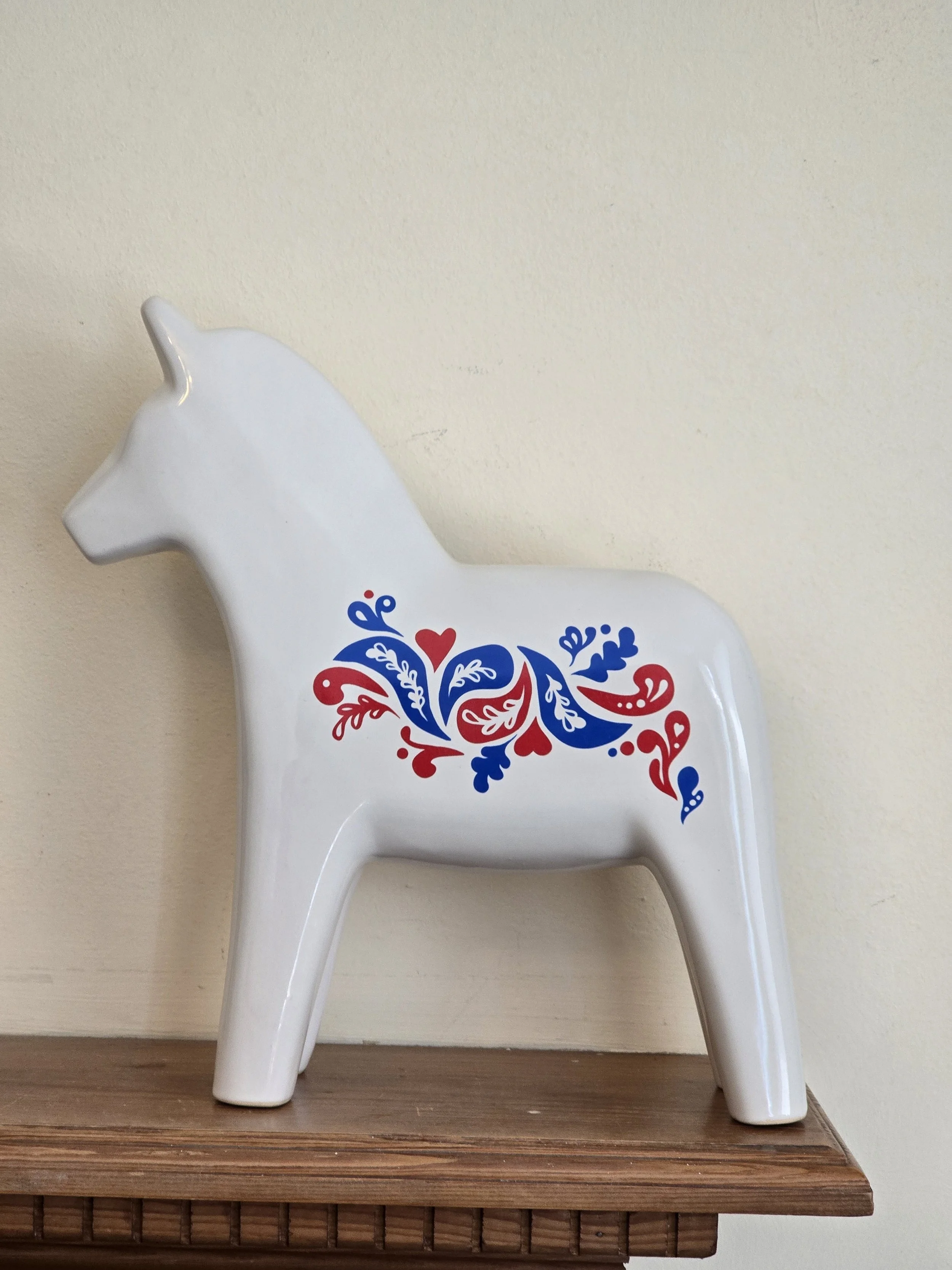 Vintage IKEA ceramic Dala horse with red and blue Scandinavian folk design