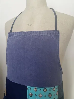 French workwear patchwork artisan apron with indigo, kimono, and Provençal fabrics